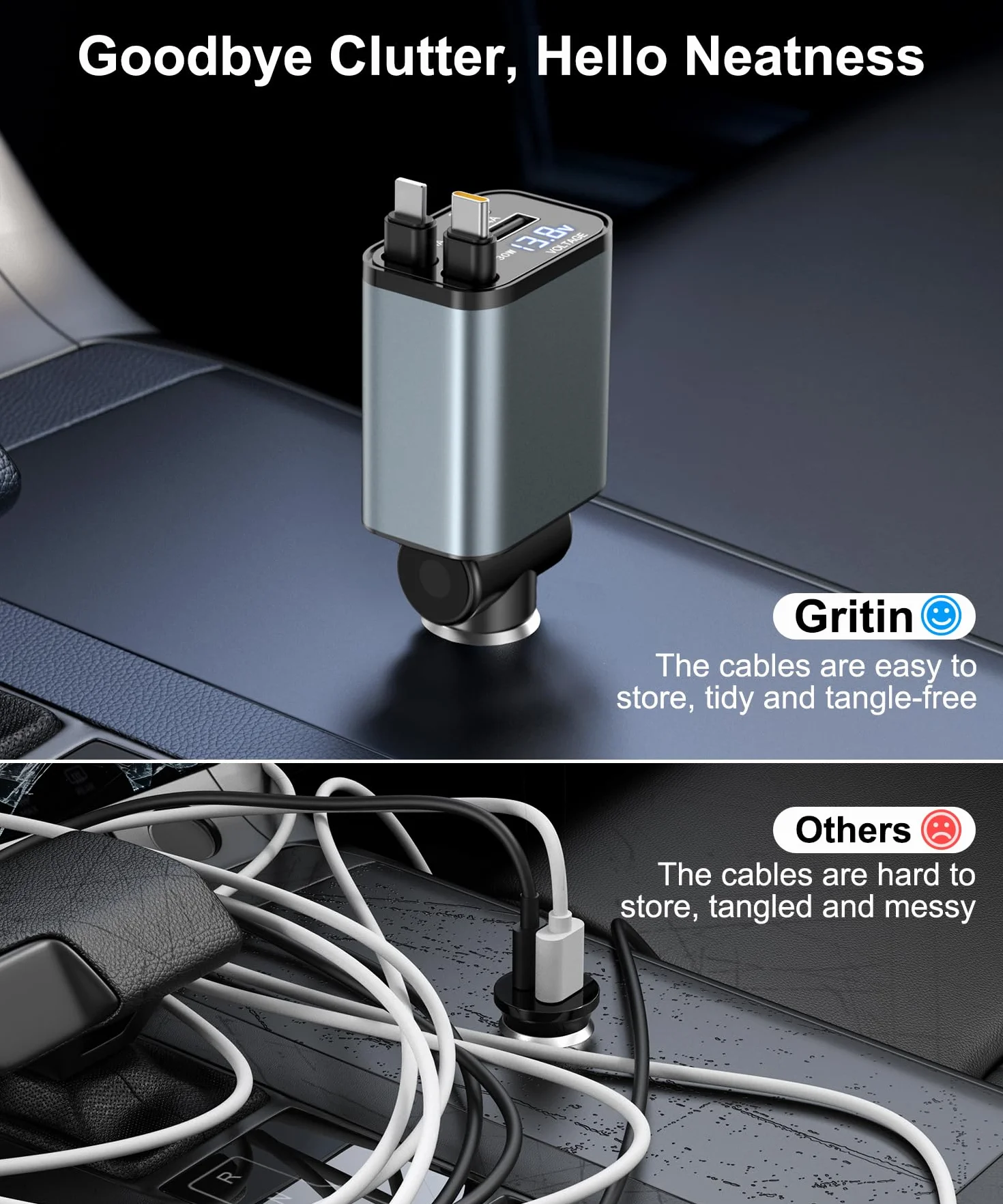 Gritin Cargador Coche 69W PD 3.0 Adaptador Mechero Rápido 4 en 1 80cm Cable Retráctil 2 Puertos USB
