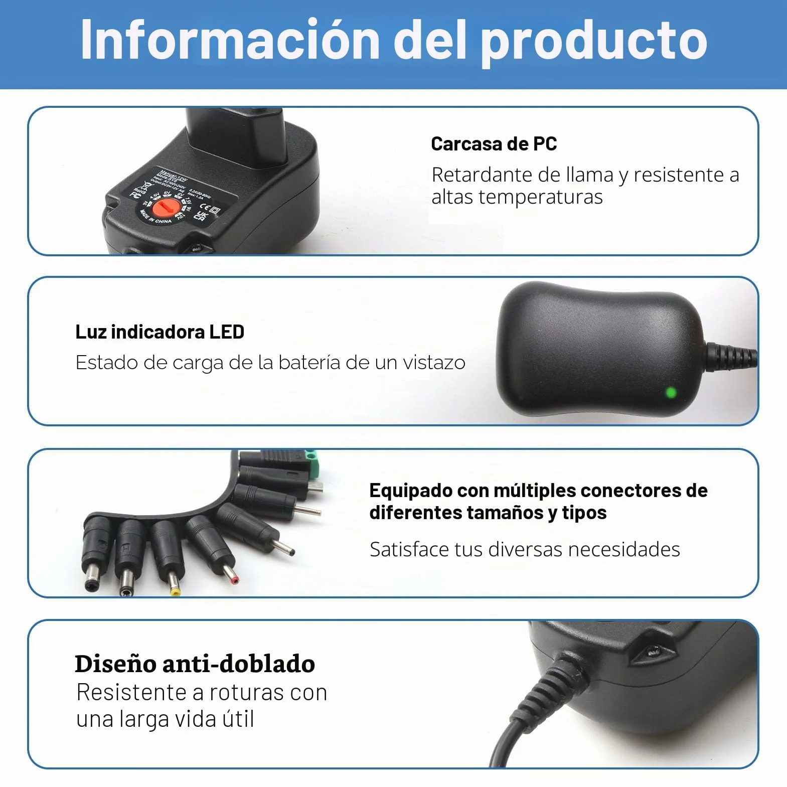 12 W - Adaptador de corriente universal AC/DC 3 V, 4,5 V, 5 V, 6 V, 7,5 V, 9 V, 12 V, con 8 conectores DC Transformador de alimentación multivoltaje para luz Router TV Box Cámara Tableta 1000 mA Max