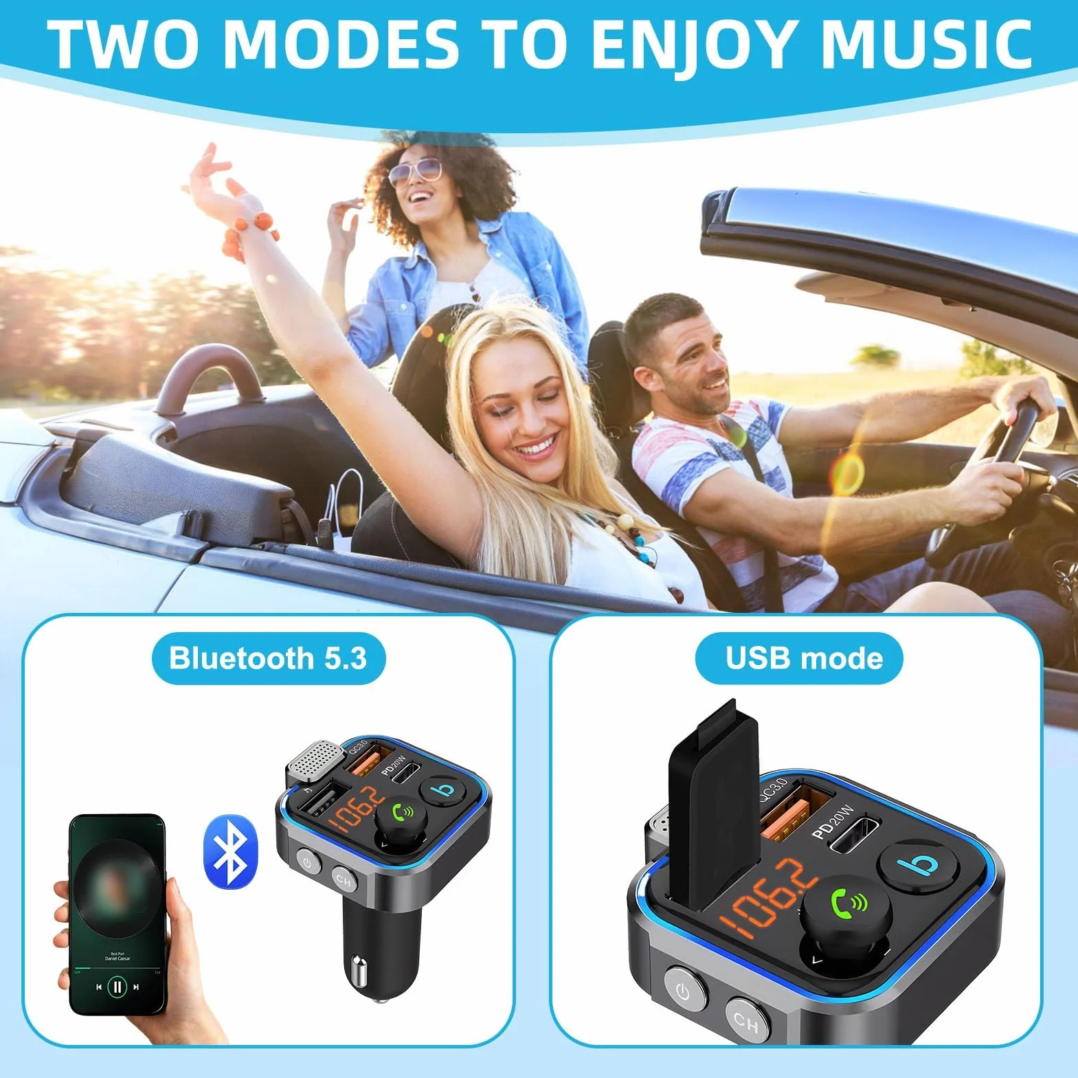 Transmisor FM Bluetooth Coche Adaptador Carga Rápida PD20W QC3.0 Reproductor MP3 USB