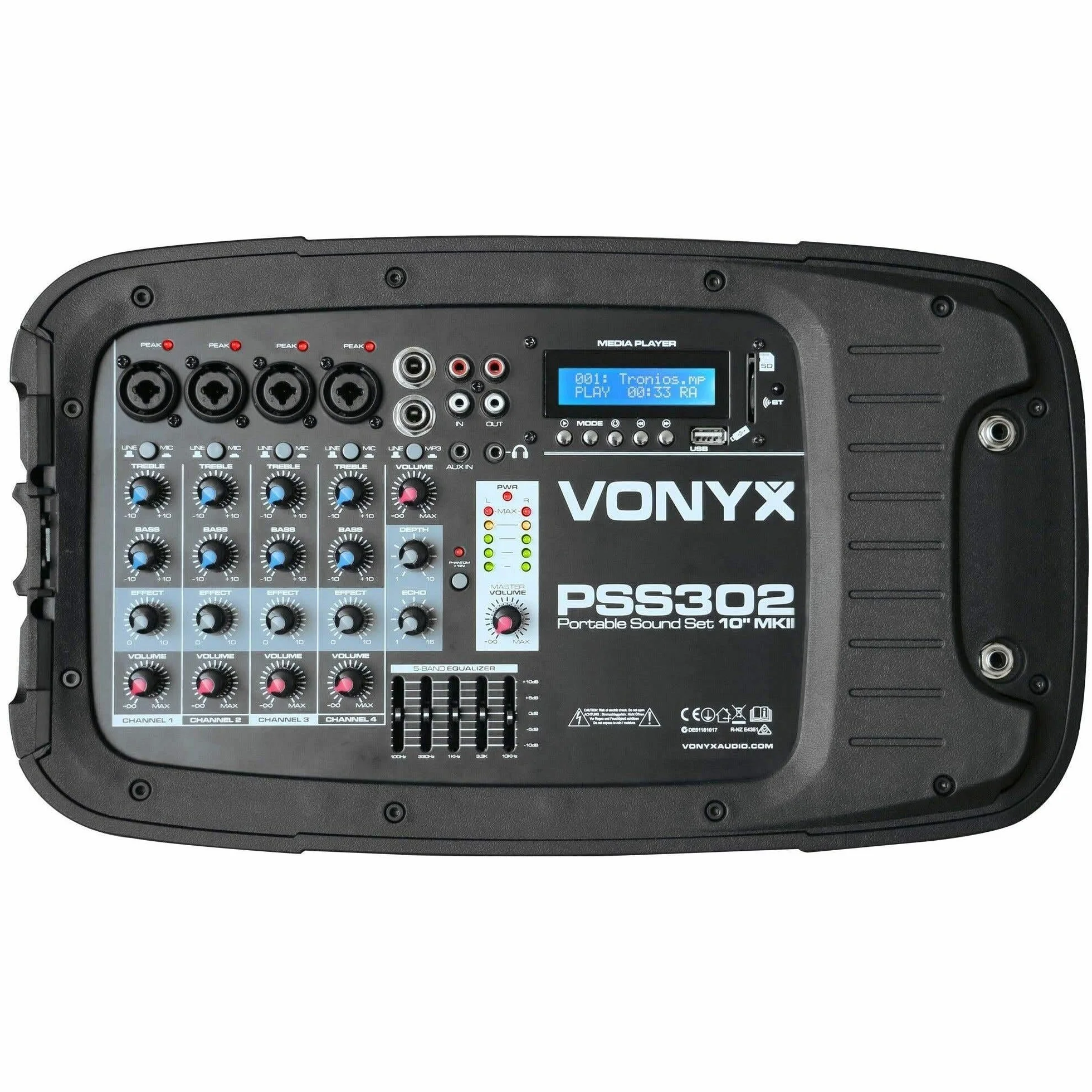Vonyx PSS302 – Sistema de Sonido Activo 300W con 2 Altavoces 10”, Bluetooth, USB, SD, Mezclador Integrado, Soportes y micrófono, Altavoz portátil Potente para Eventos, Fiestas y DJ, Color Negro