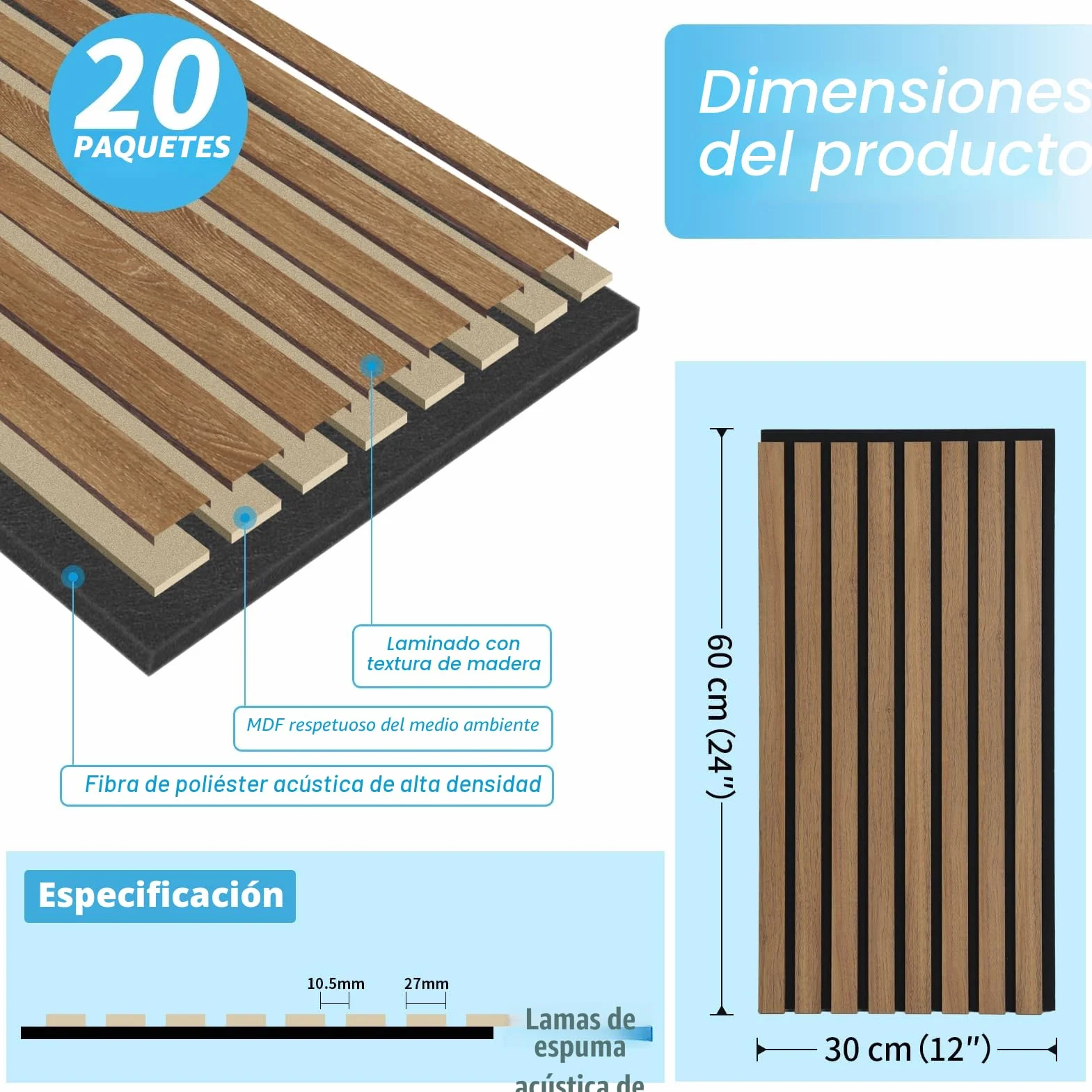 Art3d Paneles Acústicos Nogal Oscuro | Paneles absorbentes 3D | Madera sobre fieltro acústico | 3,6m²