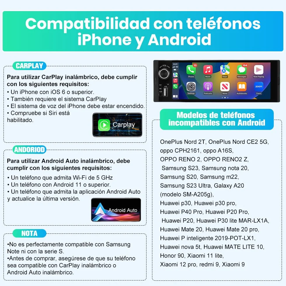 Junsun 6.36 Pulgadas 1 DIN Radio Coche Universal con Pantalla Táctil, con CarPlay/AndroidAuto/Admite Carga Type-C/USB/Micrófono/FM/EQ/WiFi/GPS/Bluetooth 5.0/USB/SWC y Cámara Trasera con Cable 6M
