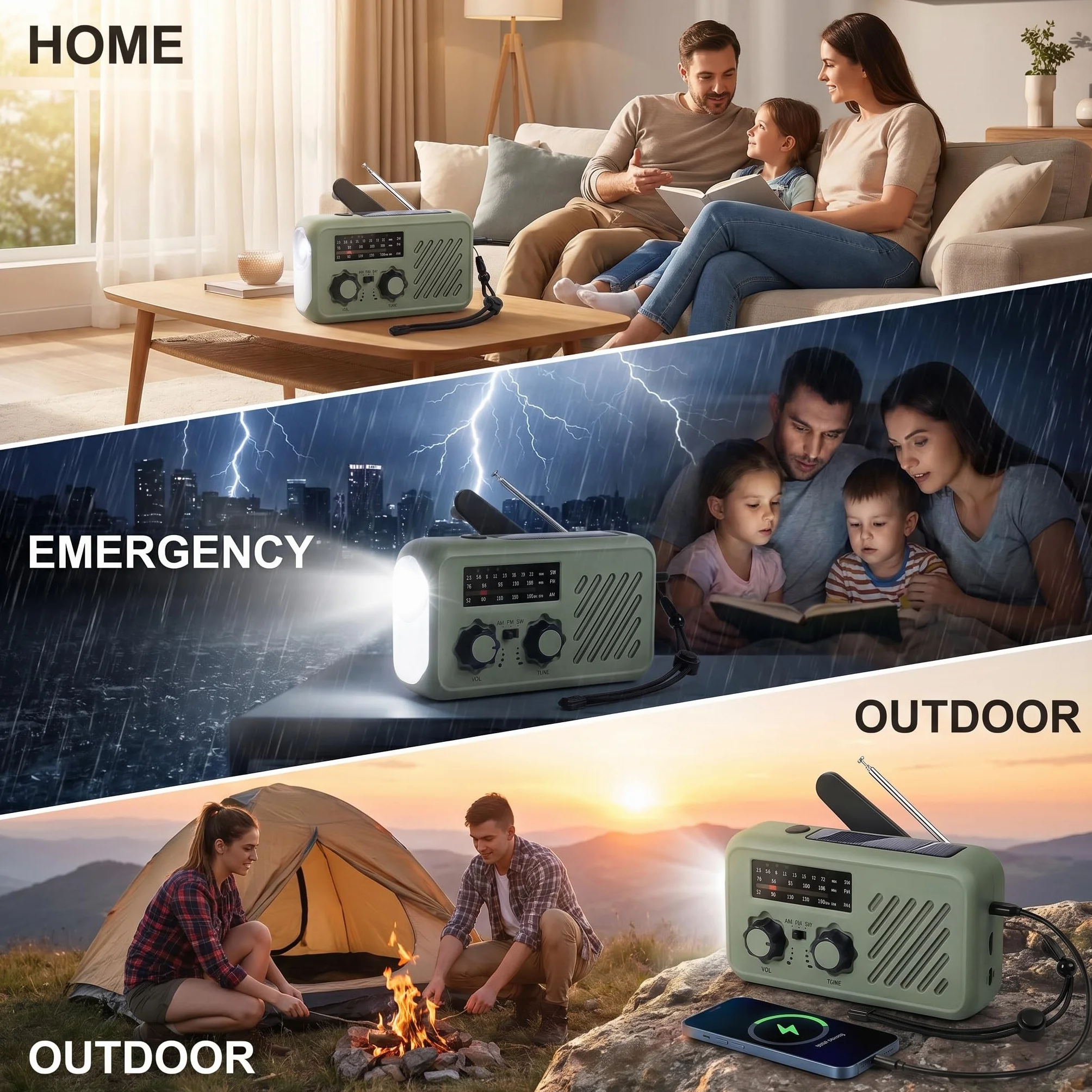 Radio de Emergencia Solar y Manivela, Radio FM/Am Portátil con Linterna LED, Luz de Lectura y Powerbank 2000mAh – Ideal para Cortes de Luz, Camping, Acampada y Regalos para Hombre