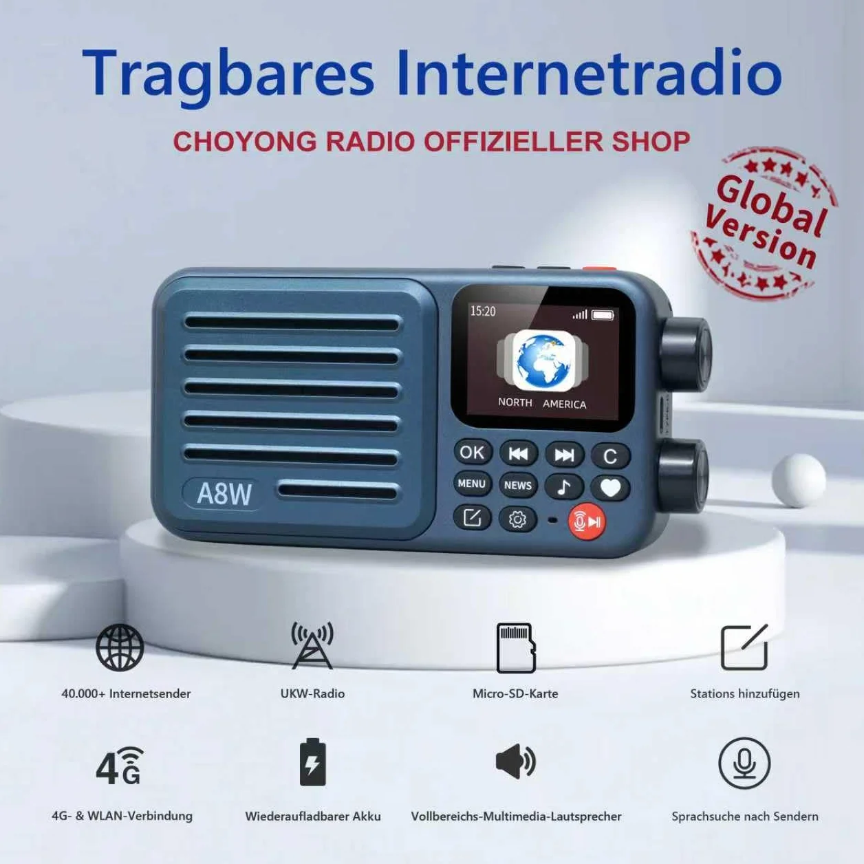 Choyong A8W - Receptor de radio inteligente por Internet WIFI/4G, altavoz con FM, tarjeta micro SD, radio de todo el mundo, para casa con WiFi, radio digital, Choyoung A8W