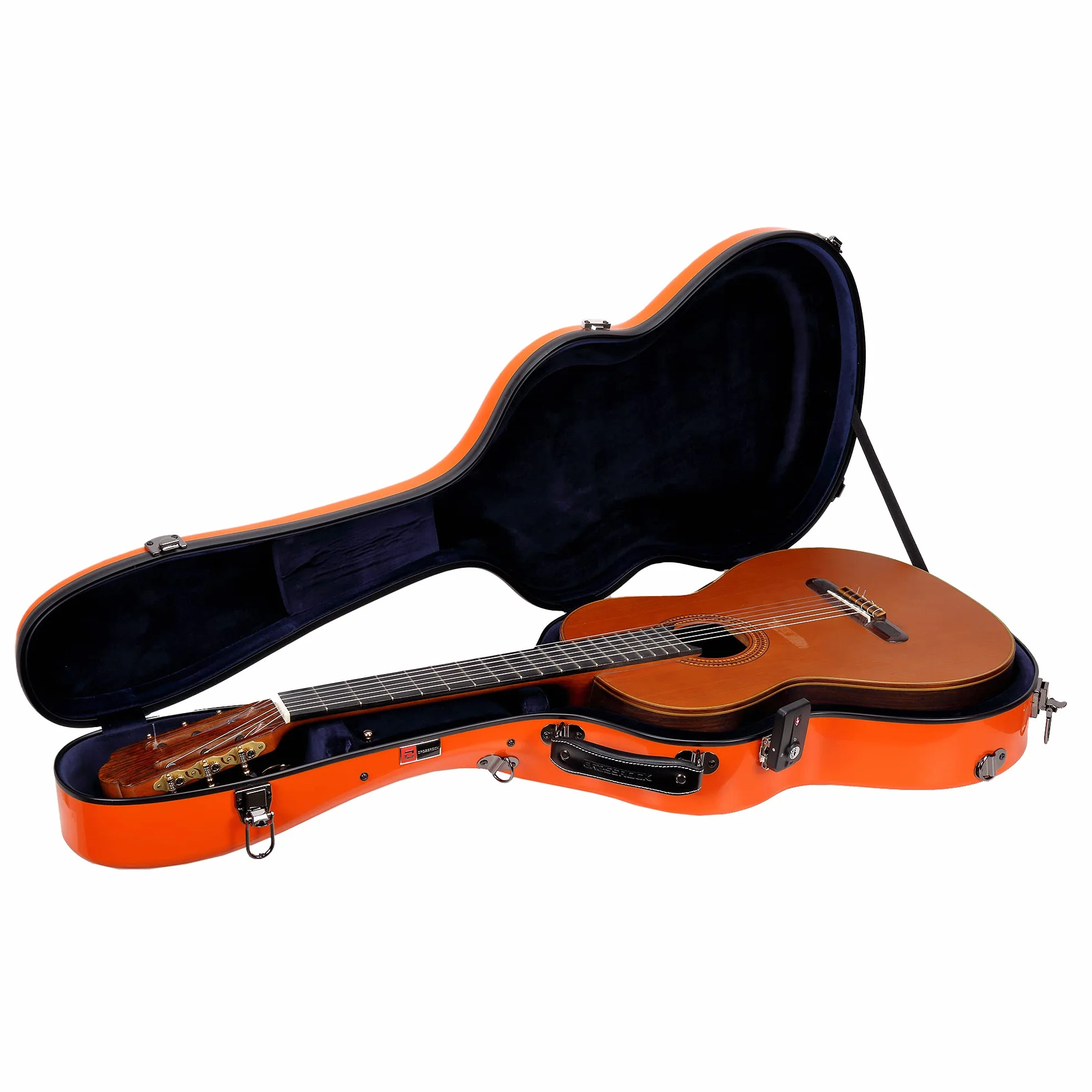 Crossrock Funda para Guitarra clásica de Fibra de Vidrio para Cuerda de Nailon 4/4, Carcasa Naranja Brillante, Cerradura TSA, Interior de Terciopelo Azul, Funda Moldeada Ligera para Viajes, Orange