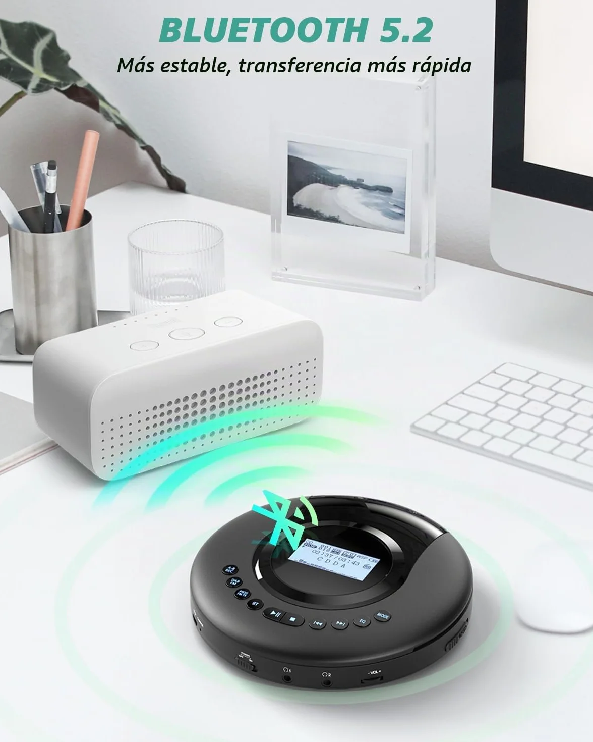 Reproductor de CD portátil con Bluetooth, Radio DAB+/FM, Discman, CD-R/RW, Batería 2000 mAh, Negro