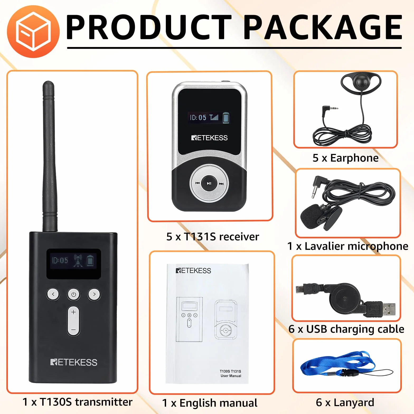 Retekess T130S Tour Guide System, Mejora Sistema de Audioguía Turística, 100m, 49 Canales, Auriculares D, Micrófono para Guía Turístico para Recorrido Fábrica, Turismo (1 Transmisor 5 Receptores)