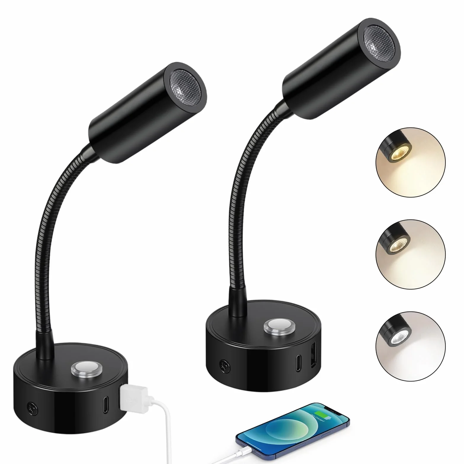 ERWEY 2pcs LED Lámpara de Lectura 12V Autocaravana, Táctil Regulable 3000K-6000K Brillo Ajustable, 360 ° Flexible Cuello de Cisne Luz de Cama Conectores USB A + C Barco Iluminación Interior, Negro