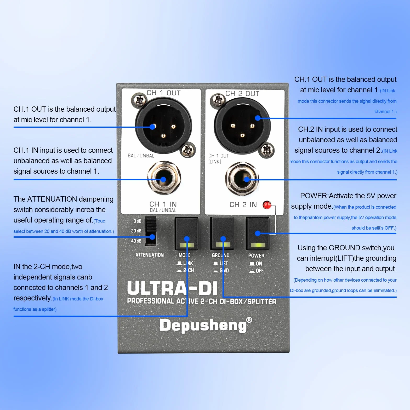 Depusheng Ultra-DI Di2 - Caja DI/Divisor activo profesional de 2 canales con atenuador de entrada para conectar guitarra y bajo, conector balanceado y no balanceado, compatible con 48 V