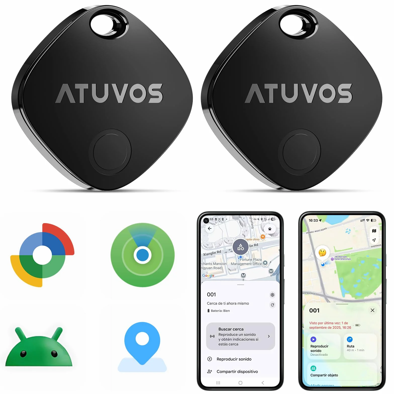 ATUVOS Air Tag Pro Smart Tag Tracker para Android & iOS, Dual Sistema Buscador de Objetos Compatible con Google Localizador o Apple Buscar APP, para Llaves/Equipaje/Maleta.Batería Reemplazable. 2 Pack