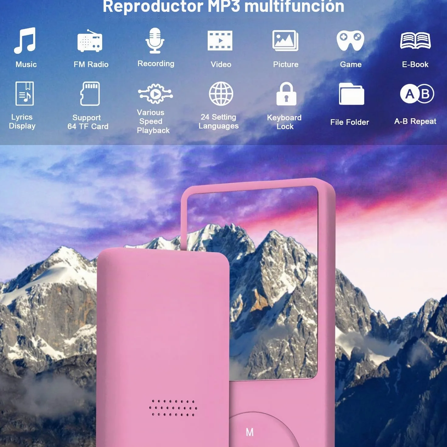 Reproductor MP3 Portátil 8GB con Ranura SD, Música Sin Pérdida, Radio, Grabación, Rosa