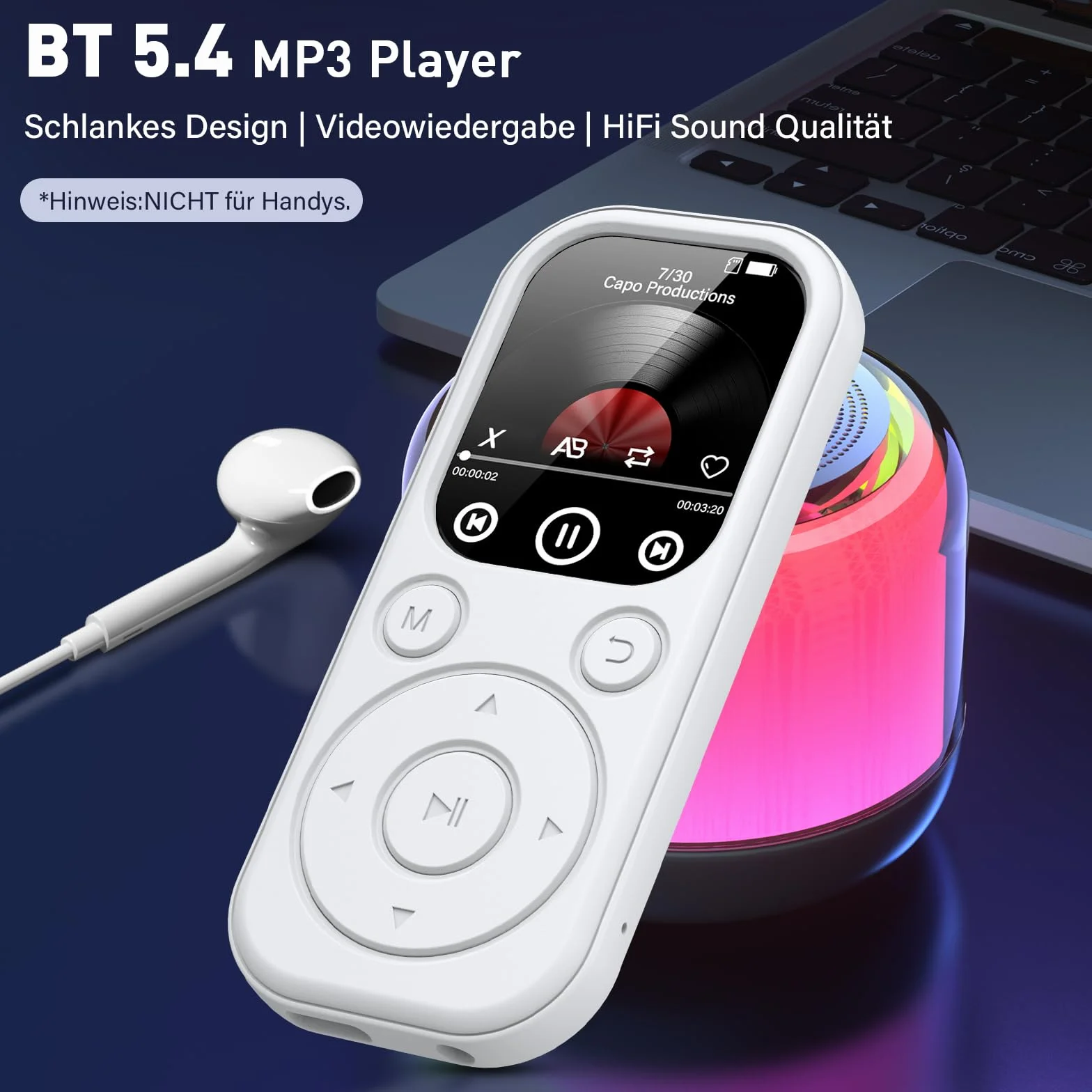 Reproductor MP3 Bluetooth 128 GB con Radio FM, Grabadora Voz, Sonido HiFi, Función E-Book, Blanco