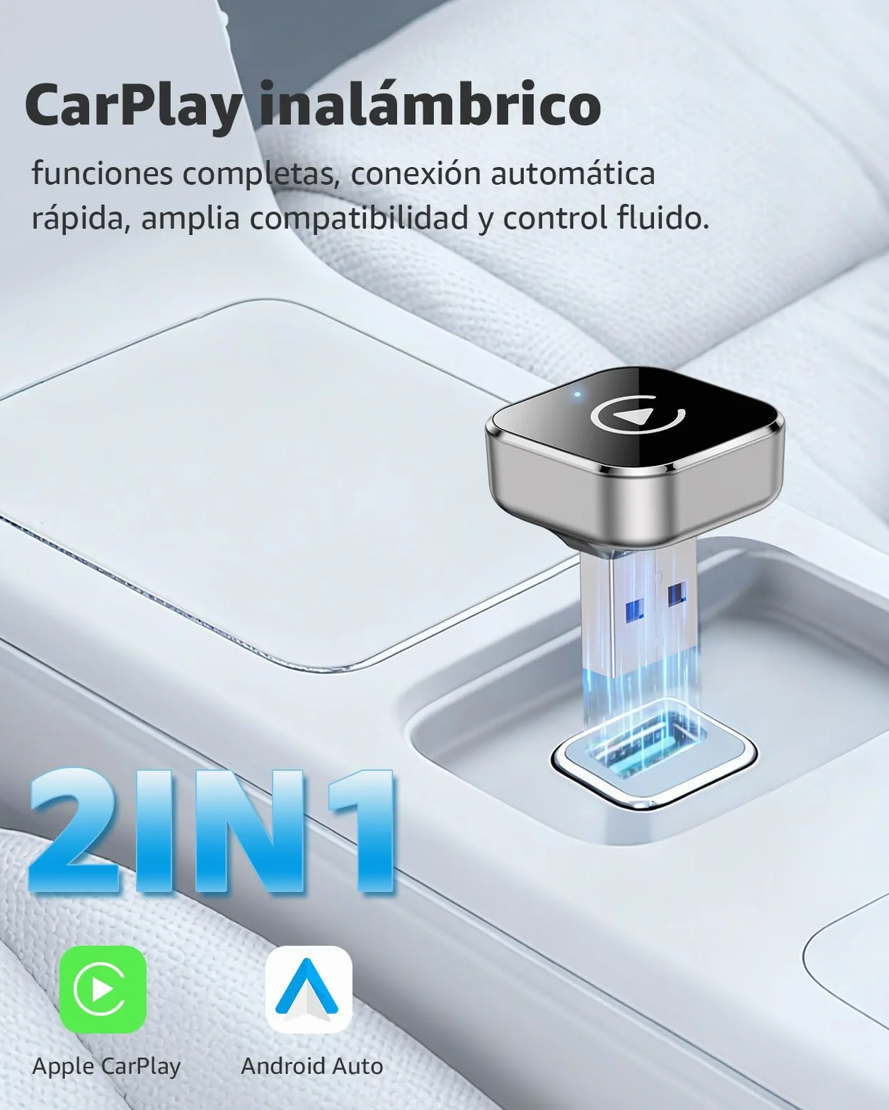 Adaptador CarPlay Inalámbrico y Android Auto, Mini Convertidor USB-A/USB-C Plug & Play, de Cable a Inalámbrico, Conexión Automática, WiFi 2.4GHz/5.8GHz, para Coches con CarPlay de Fábrica
