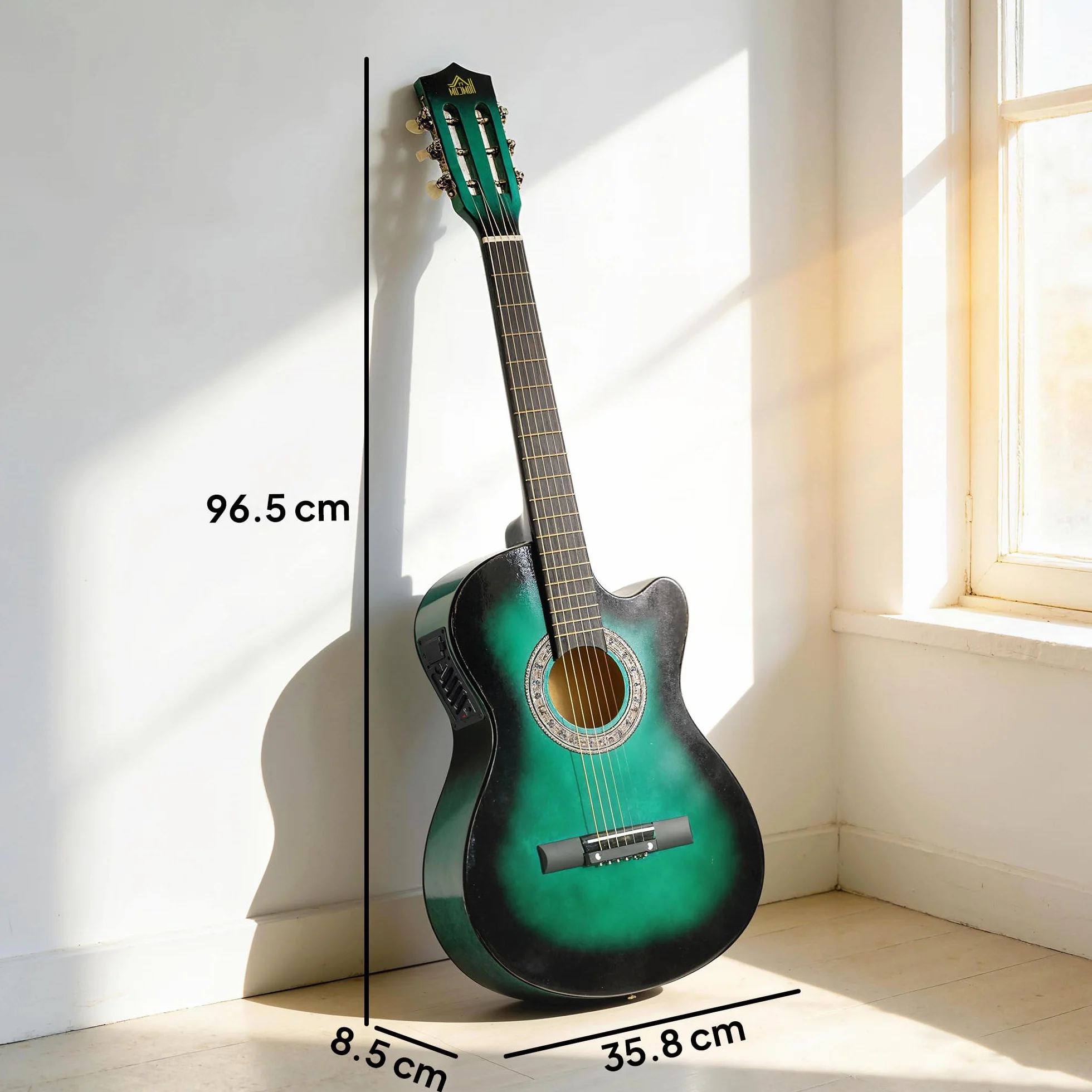 Guitarra acústica eléctrica HOMCOM de 38 pulgadas, guitarra clásica para principiantes y adultos jóvenes, acabado brillante, con estuche de transporte, correa, púas y cuerdas de repuesto - Verde