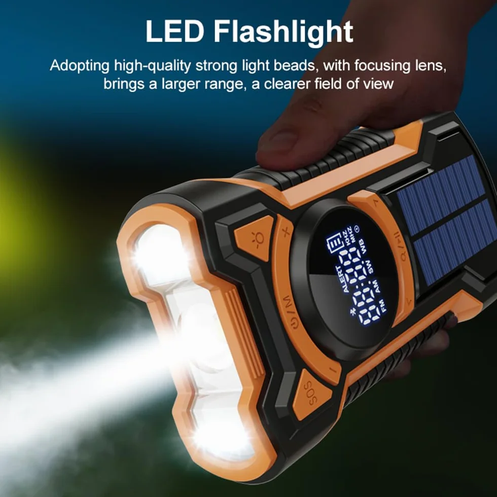 Cargador Solar para Movil, FM/Am Radio Portátil de Emergencia con Manivela y 5000mAh Powerbank y Altavoz Bluetooth Linterna LED y SOS Alarma IPX5 Impermeable Pare Radio de Camping al Aire Libre