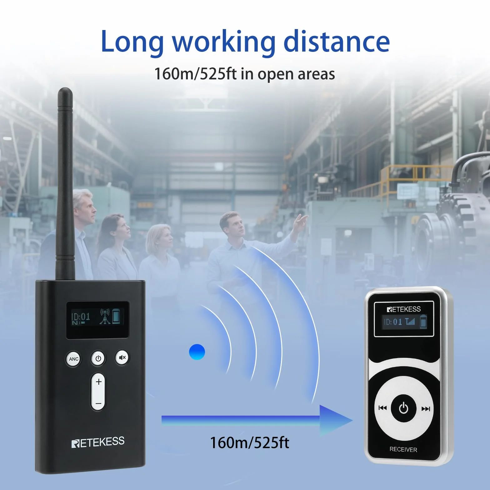 Retekess T130P (T130 3rd) Sistema de Audioguía Inalámbrico, Reducción de Ruido Mejorada, Sistema de Guía Turística Whisper, 160m, para Visita a Fábrica (1 Transmisor 10 Receptores)