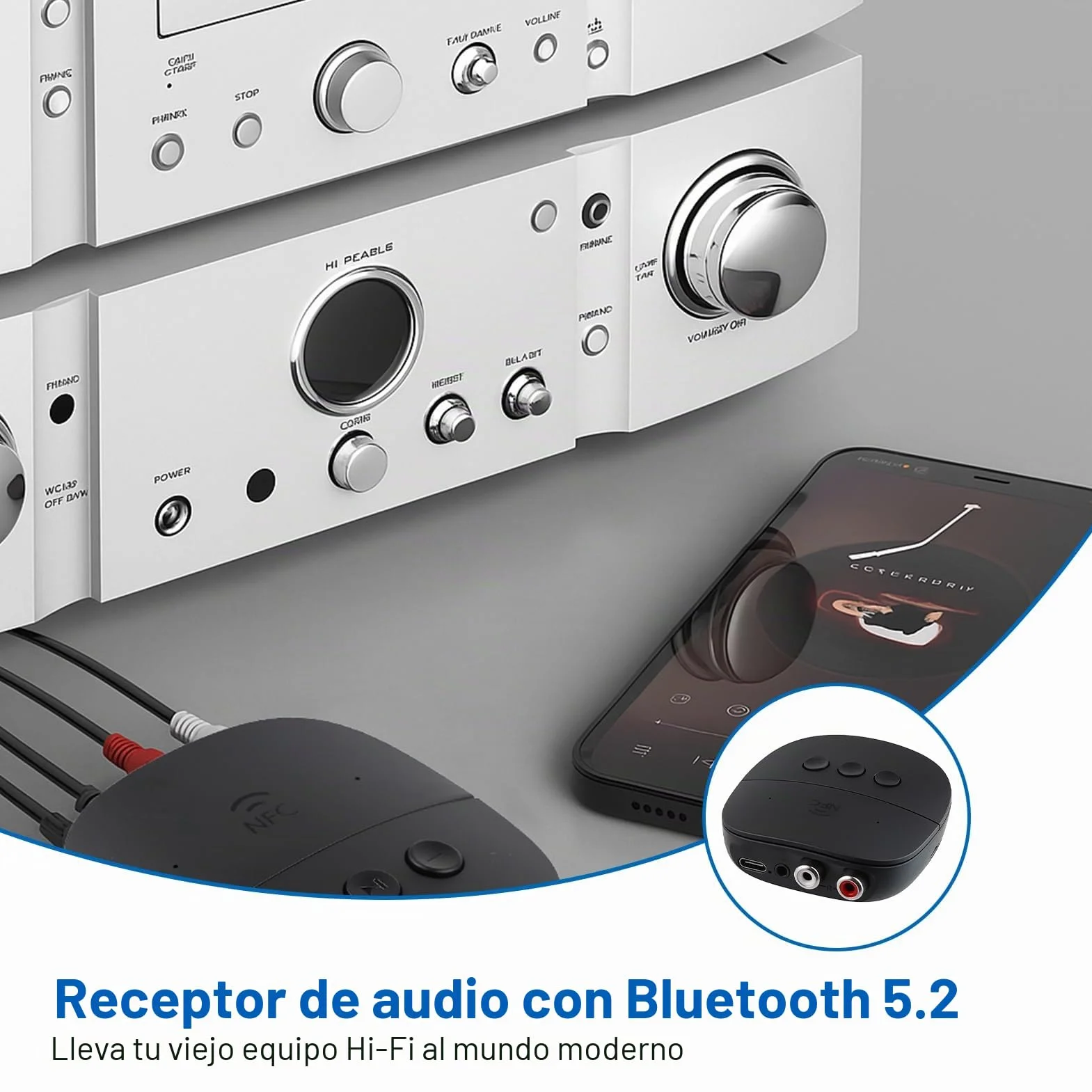Receptor Bluetooth 5.2 con conector AUX de 3,5 mm y entrada RCA, adaptador de audio Bluetooth 5.2 para estéreo, altavoz, amplificador, audífonos, extensión NFC