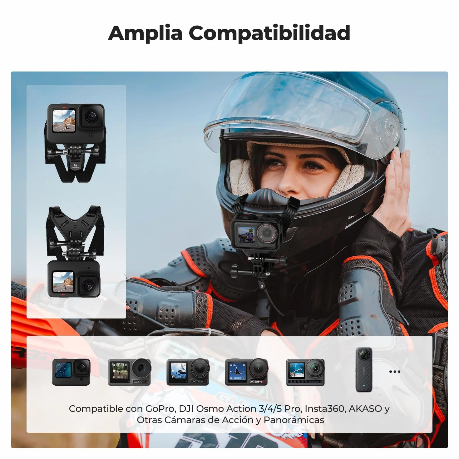 K&F CONCEPT Soporte para Casco Moto Mento Compatible con GoPro Hero 13/12/11/10/9/8/7, dji Osmo Action 5 Pro/4/3/360, Insta 360 Ace Pro/2/X5/X4/X3, AKASO con Base en Y, Silicona Antideslizante