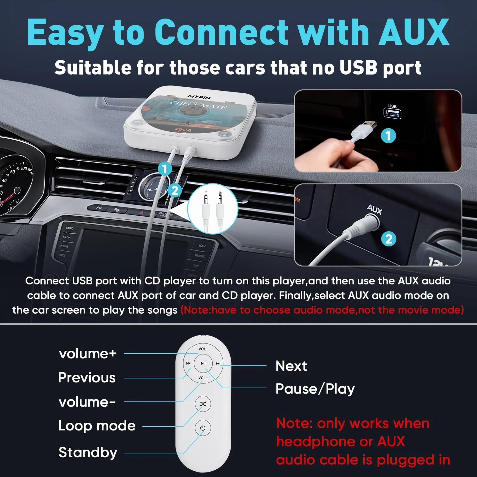 Reproductor de CD Portátil Externo para Coche con Puerto USB/AUX, Compatible con Radio Estéreo de Coche, TV, Computadora, Universal para Vehículos, Compatible con CD/CD-MP3/CD-RW/CD-R/CD-WMA/CD-WAV