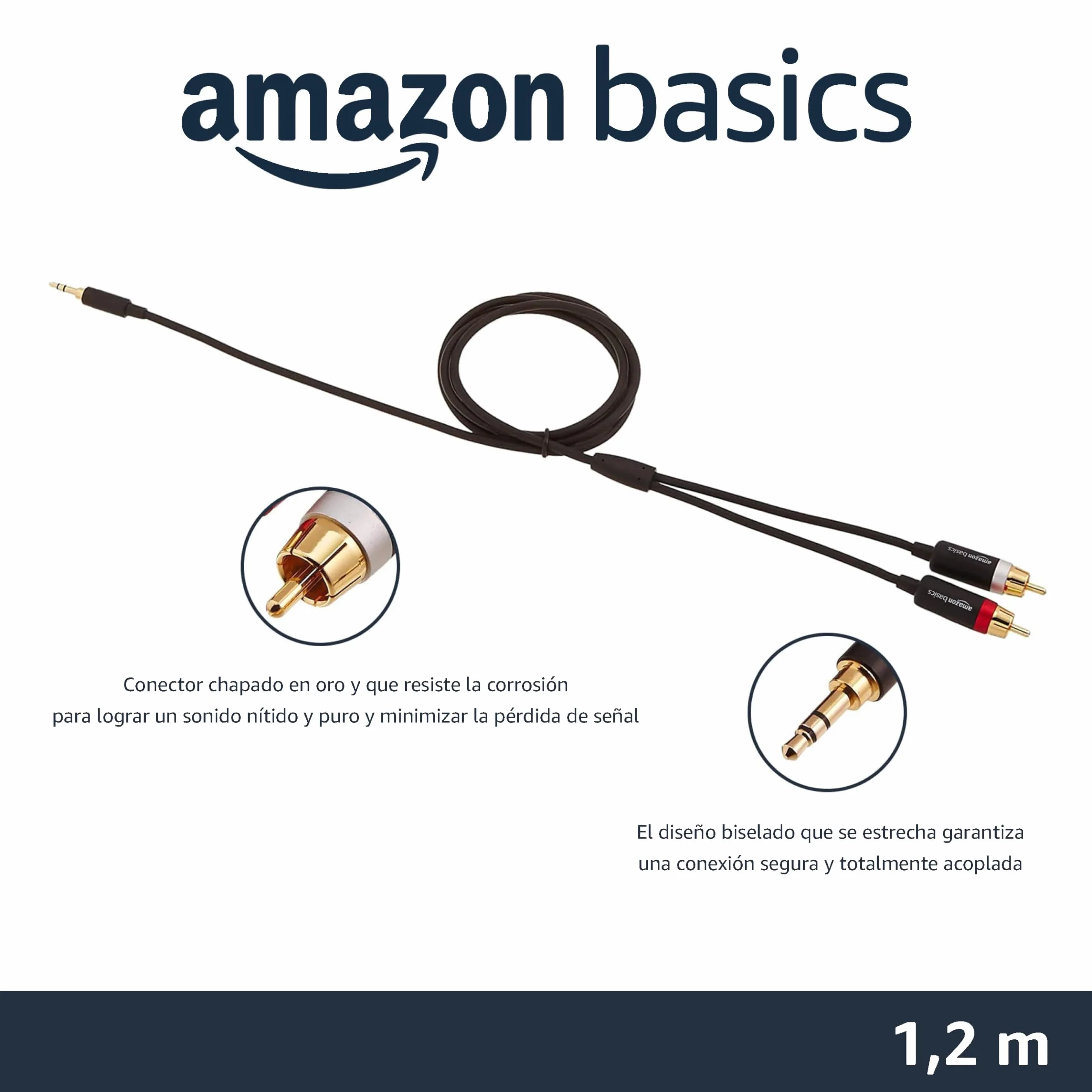 Amazon Basics Cable de Audio Adaptador 3,5 mm Auxiliar a 2 RCA, Conectores chapados en Oro, 1.2 m, Negro