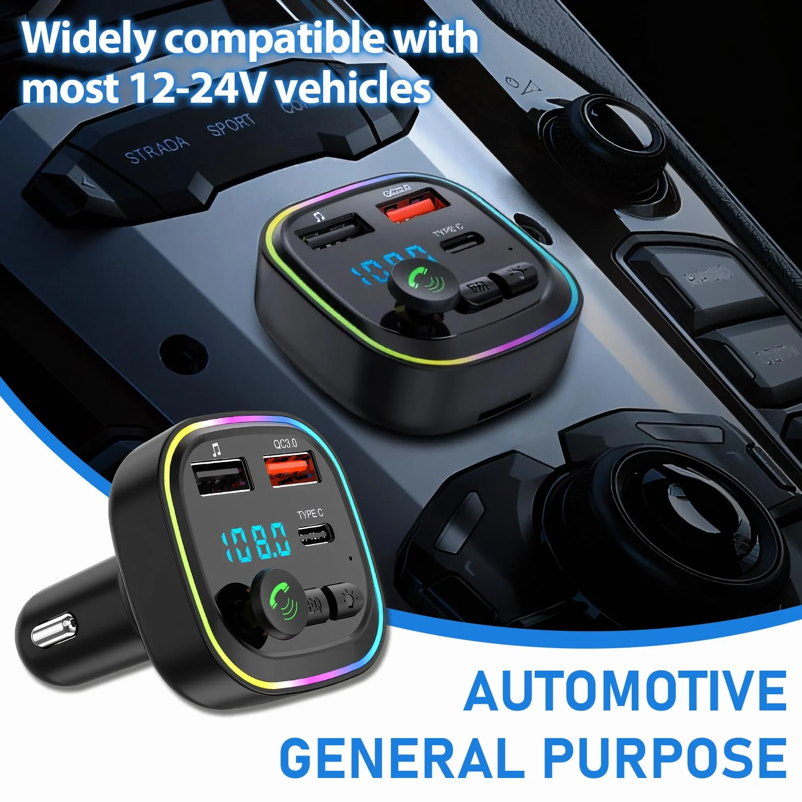 Transmisor FM Bluetooth para Coche, Adaptador de Manos Libres con 2 USB 5V/3A, QC 3.0+Tipo C 20W PD, Llamadas Manos Libres, MP3 Estéreo Música Coche
