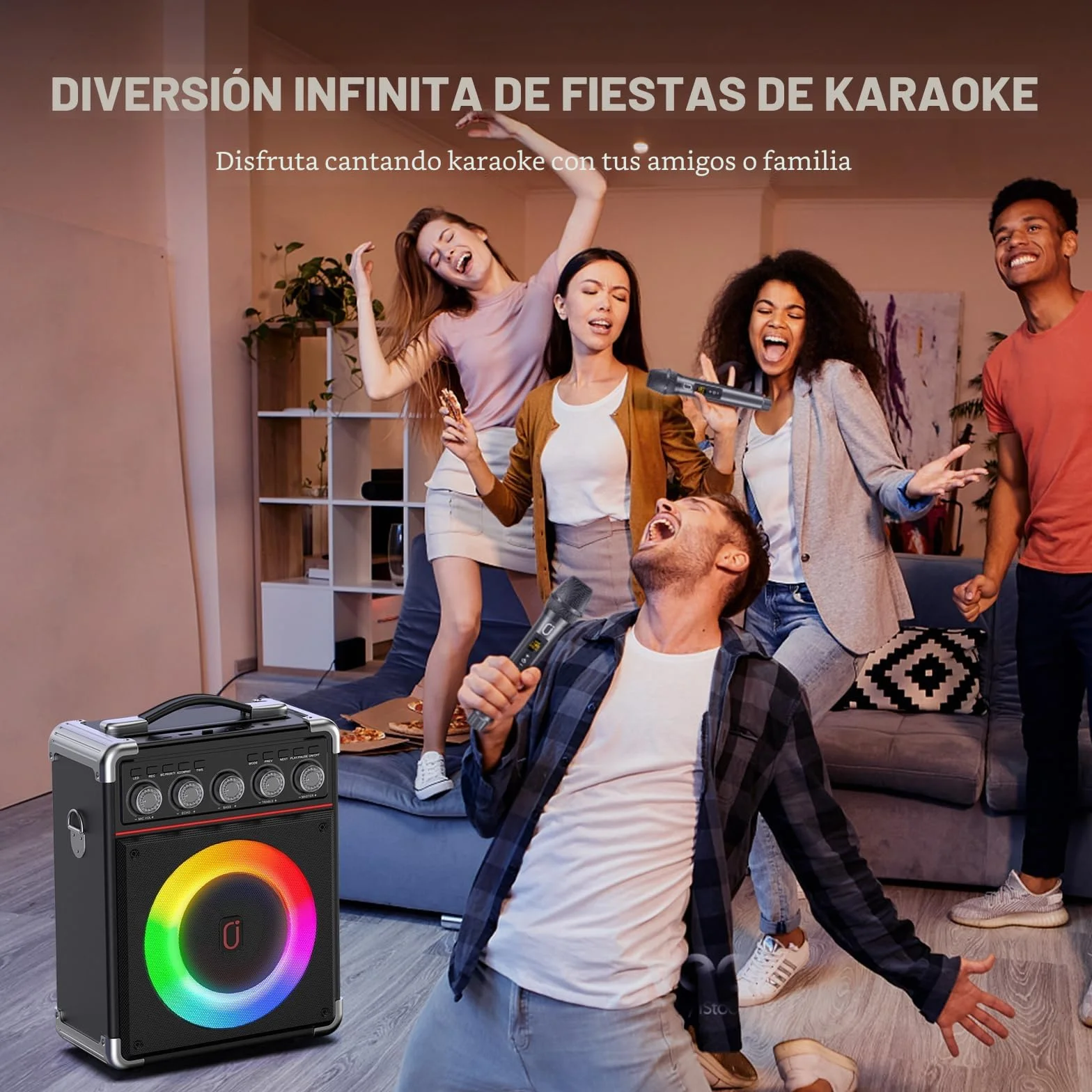 JYX Karaoke 2 microfonos inalambricos, portatil Karaoke Profesional Completo, Altavoz Karaoke de Sistema PA potatil y Luz LED y Mando a Distancia, soporta Bluetooth/TF/USB/AUX/TWS