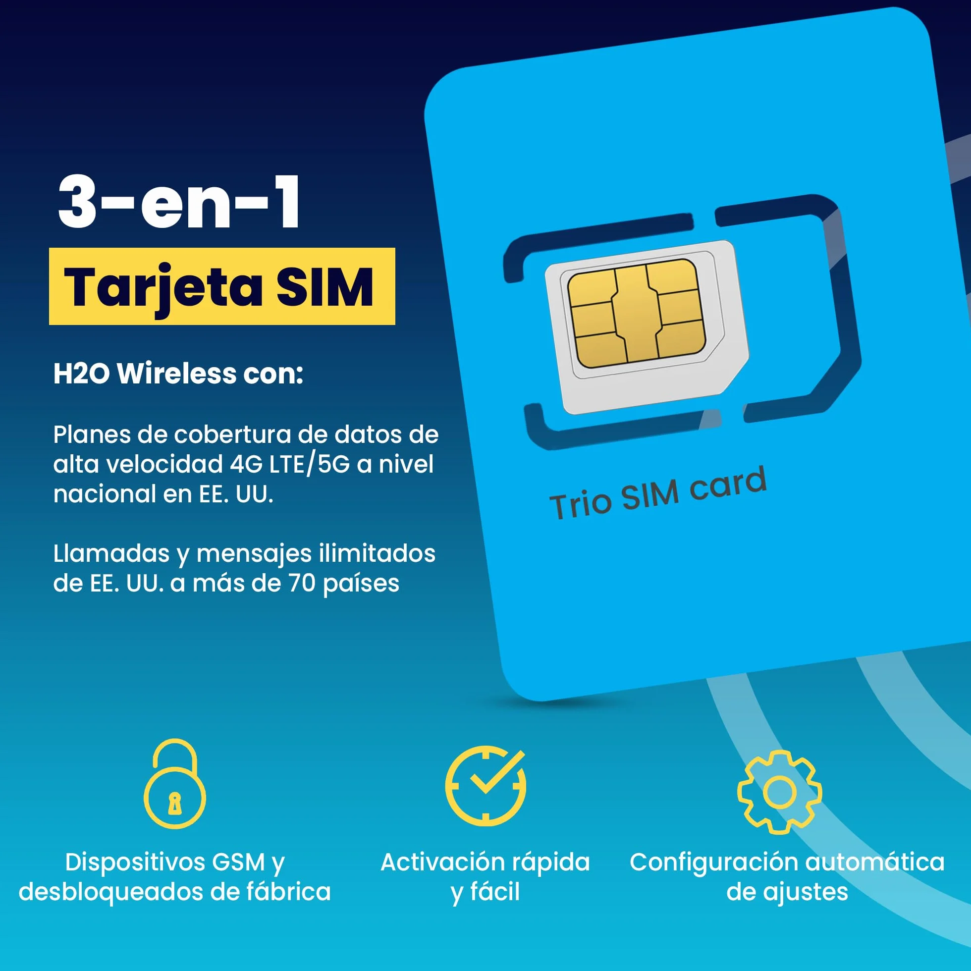 Tarjeta SIM Prepago Física H2O Wireless 30 Días Desde EE. UU. con 3GB de Datos 4G LTE/5G y 2GB de Hotspot, Datos Ilimitados, Llamadas y SMS a 70+ Países, SIM para Teléfonos Móviles en EE. UU