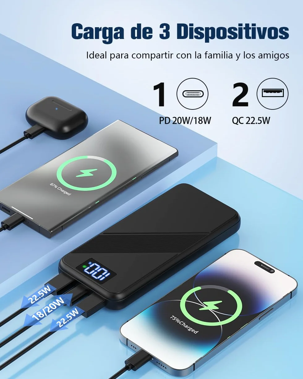 Power Bank 10000mAh, 22.5W Bateria Externa Carga Rapida, Bateria Portatil PD3.0 QC4.0 Cargador Portátil USB C Input & Output con Pantalla LED para iPhone 15 14 13 12 Pro MAX Xiaomi Samsung etc