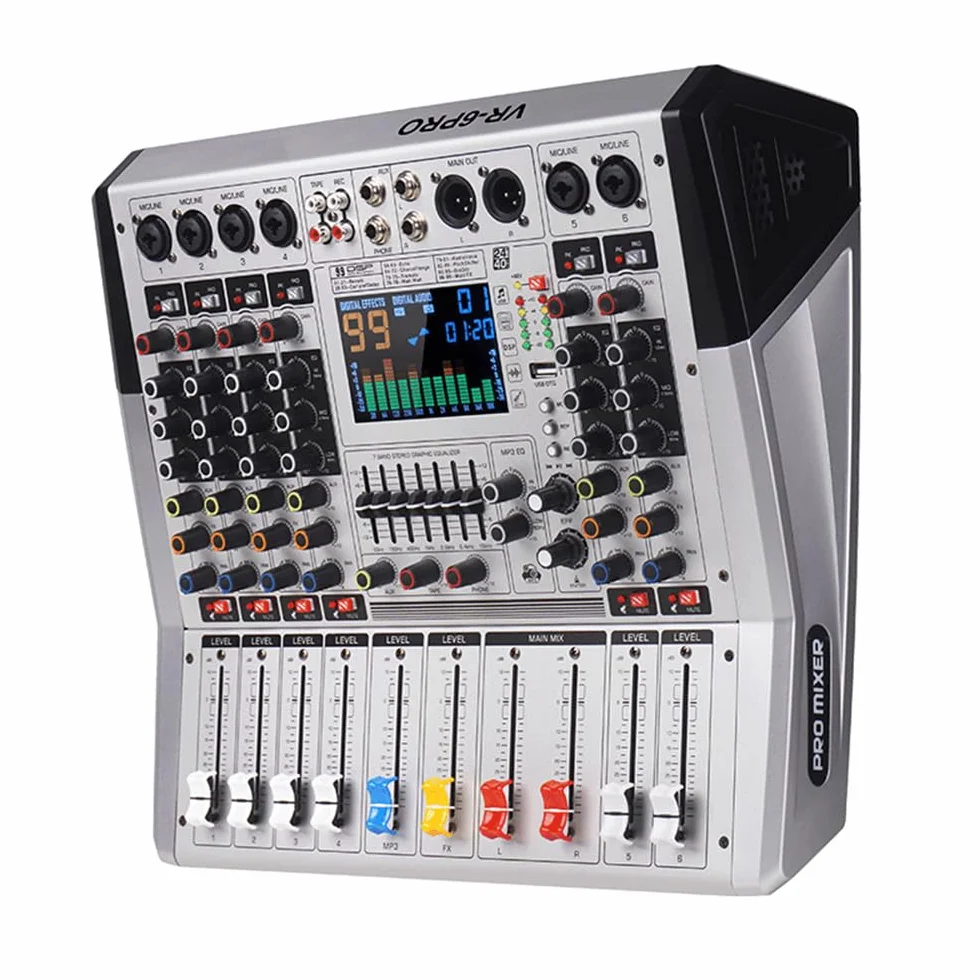 Mezclador de audio VR-6 PRO, 550W x 2 amplificador de salida de alta potencia, 99 efectos DSP, consola de DJ de audio bluetooth, pantalla de espectro de pantalla grande, sintonizador de DJ con