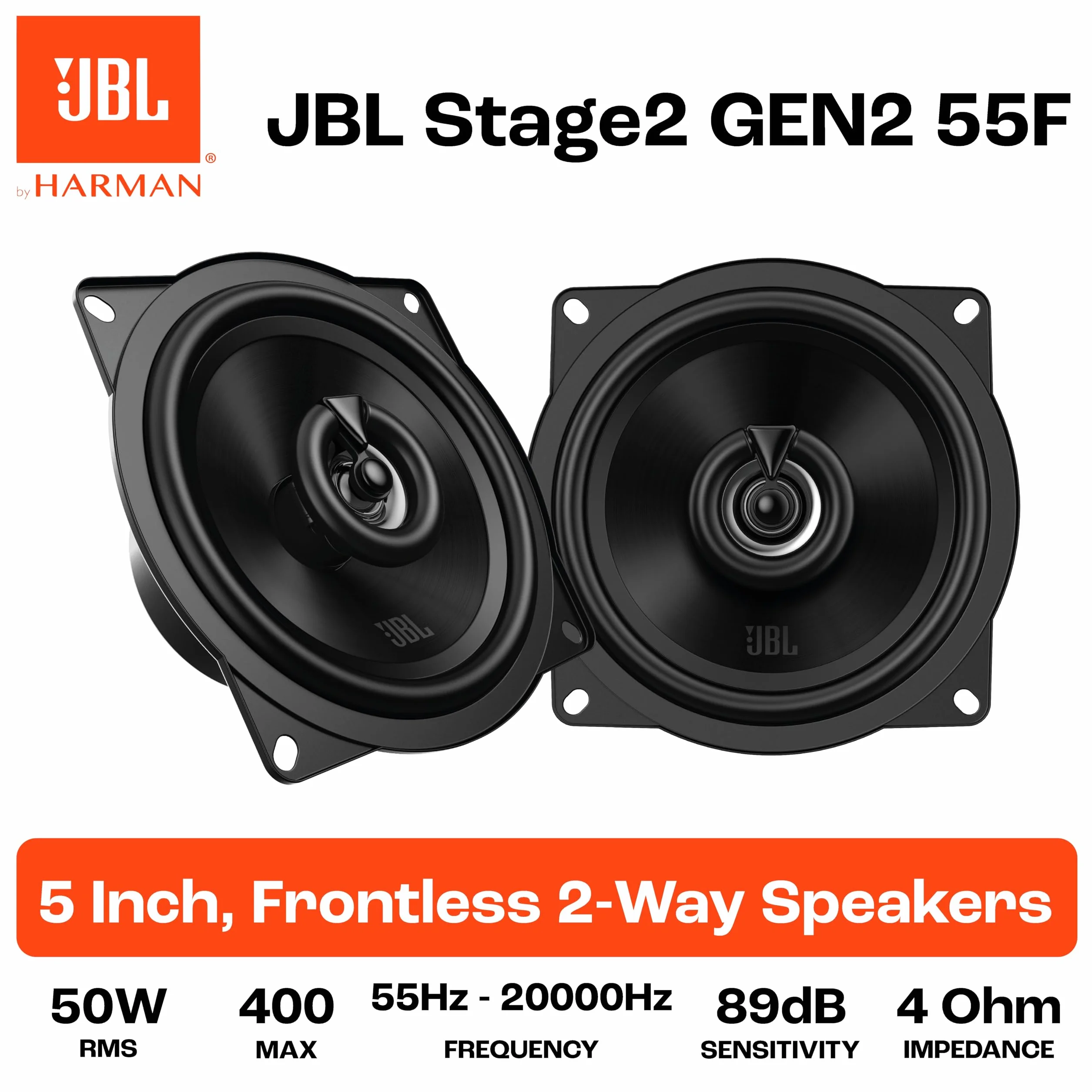 JBL Stage2 55F Gen2 Altavoces coaxiales 2 vías 5,25 Pulgadas 50 W RMS, 400 W Pico, 4 Ω, 89 dB, woofer Polipropileno Plus One™, Tweeter Pei, diseño Compacto, Sonido Claro