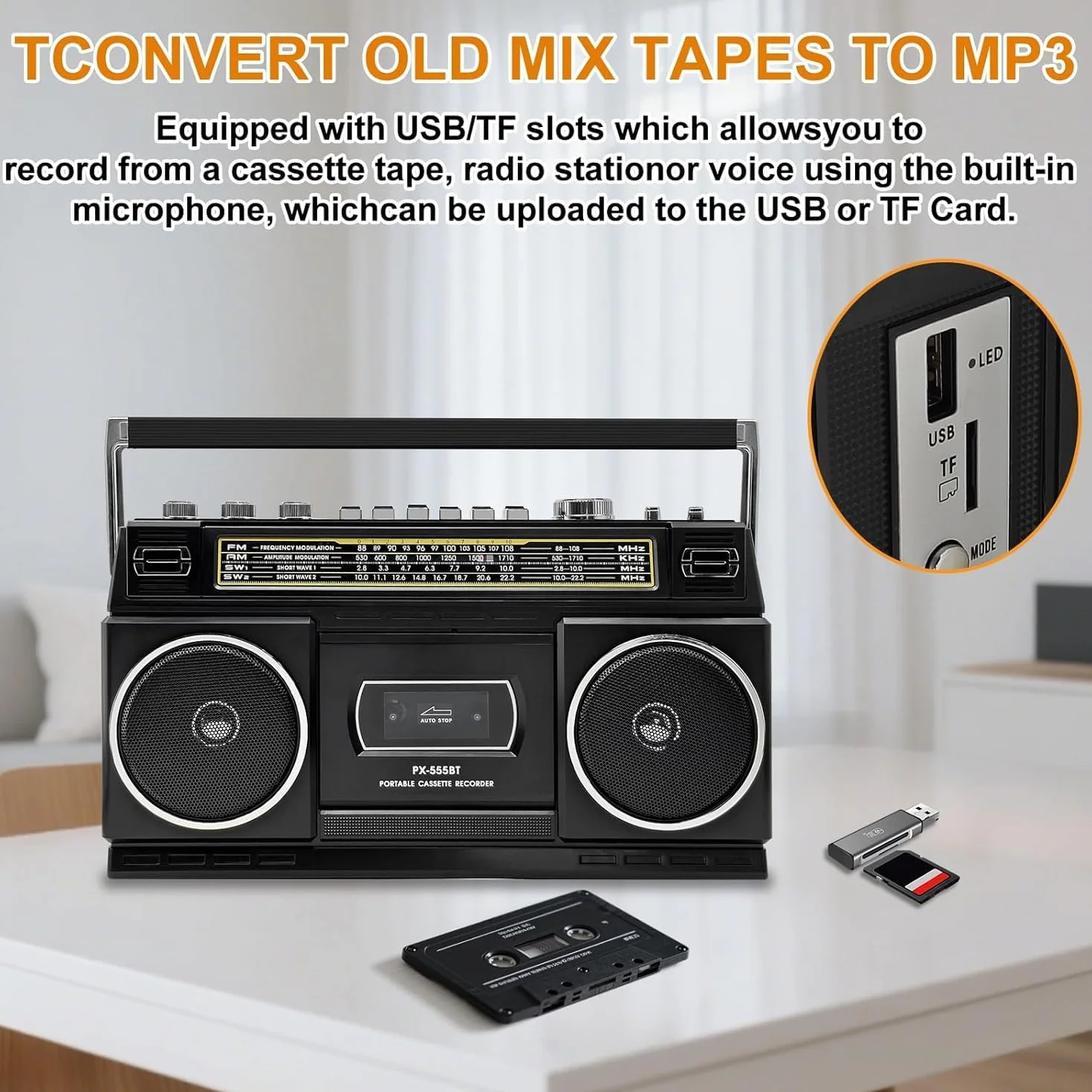 Reproductor de casetes con Bluetooth y radio (AM/FM/SW) | Digitalización de casetes a USB | Sonido estéreo, 10W, reproductor de casetes, reproducción USB/TF, alimentación por red/batería Boombox