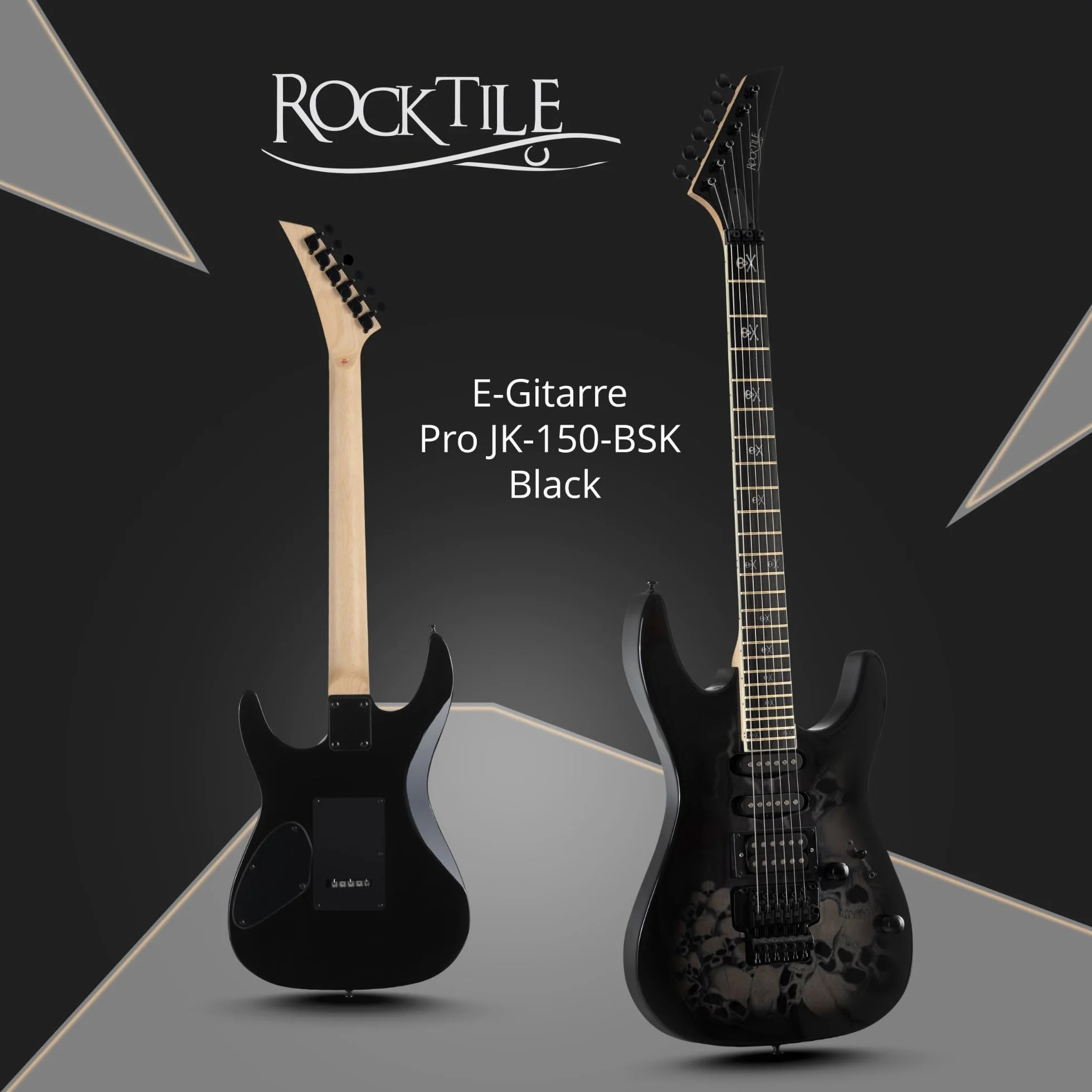 Rocktile Pro JK150-BSK Guitarra eléctrica 6 cuerdas ST-style, HSS, tremolo FR, 24 trastes jumbo, cuerpo tilo, mástil arce, accesorios incluidos. Negro con diseño Skull.