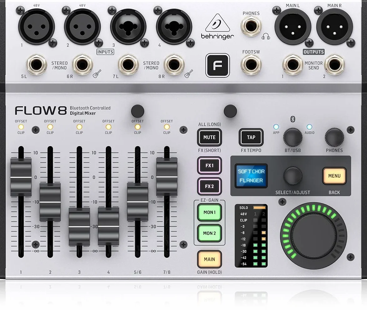 Behringer FLOW 8 Mezclador Digital De 8 Entradas Con Control De Audio Y De Aplicaciones Por Bluetooth, Faders De Canal De 60 Mm, 2 Procesadores De Efectos Y Una Interfaz USB/De Audio