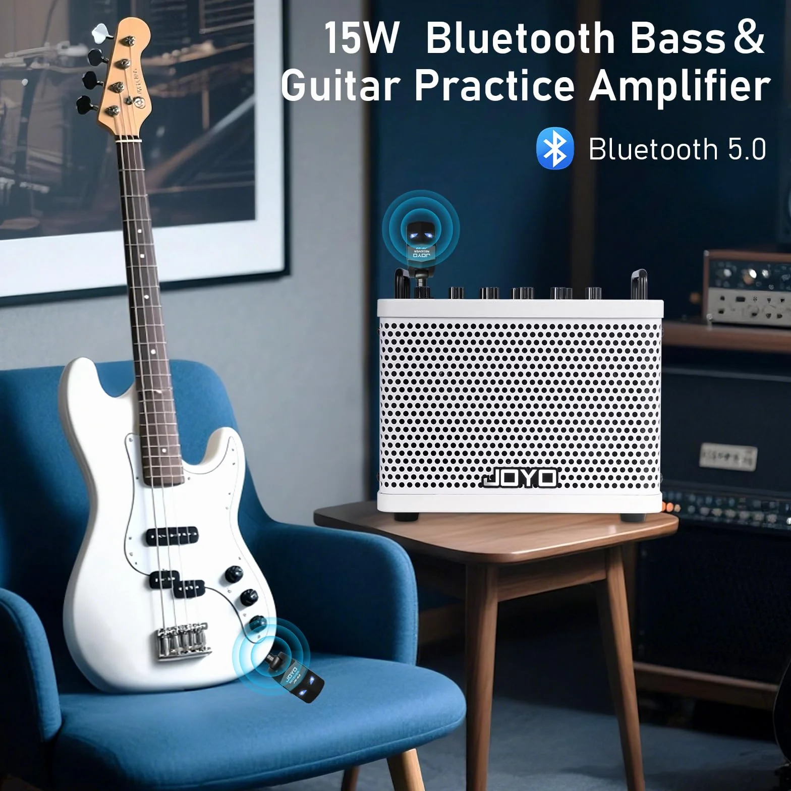 JOYO Combo de amplificador de graves portátil de 15 W | 9 modelos de amplificador + 6 modulaciones FX + Looper y máquina de tambor | Batería recargable | Modelado digital | para práctica de bajista