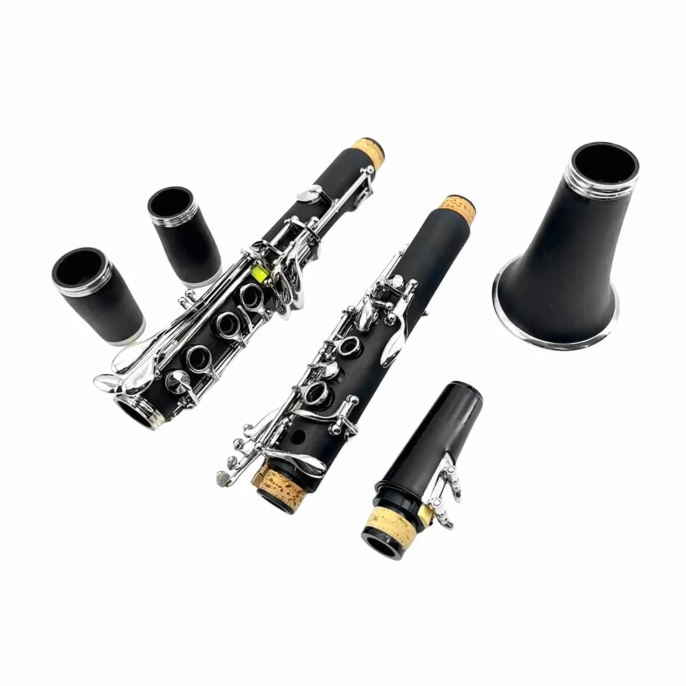 Clarinete Bb para estudiante Madera de Ebonita B Flat 17 teclas Niquelado Clarinete Principiante Set 2 Barriles con Guantes de Paño de Limpieza Instrumento