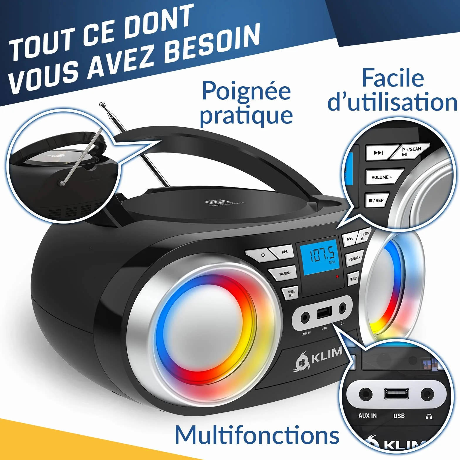 KLIM Boombox B3 Reproductor CD portátil Radio FM Bluetooth USB AUX LED RGB Inalámbrico Batería Recargable EQ Digital