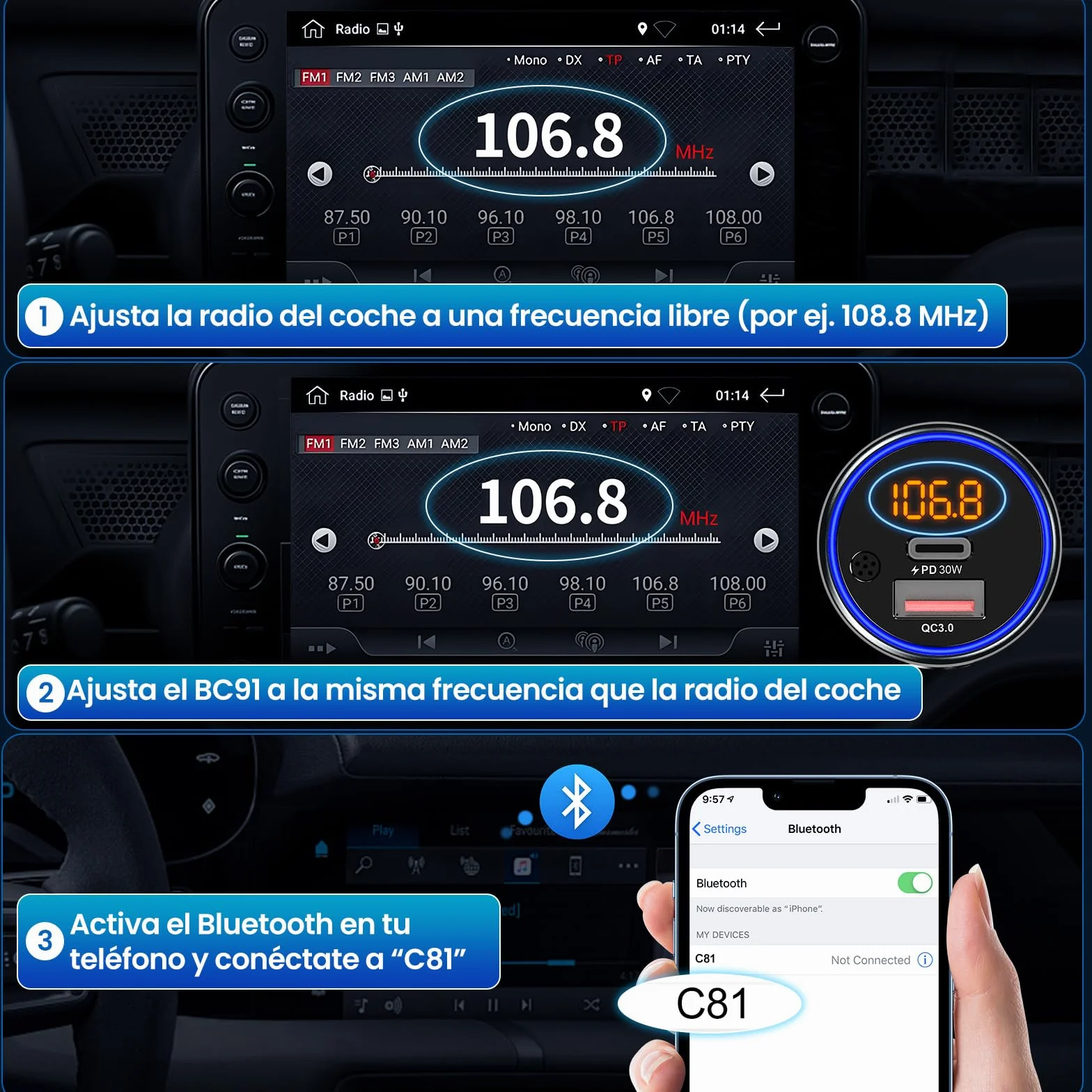 GizmoVine Transmisor FM Bluetooth Coche, Bluetooth 5.3, 48W Carga Rápida Dual (PD 30W + QC3.0 18W), Manos Libres, Refuerzo de Graves, Reproductor MP3, Adaptador Bluetooth Coche Mechero