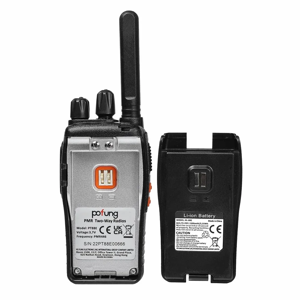 Walkie Talkie PMR446 Licencia Libre Pofung PT88E Radio Comunicador, 16 Canales Walkis Profecionales 1500mAh Walkie Talkie Largo Alcance Radio Portátil,para Adultos Senderismo (Negro, 4 Piezas)
