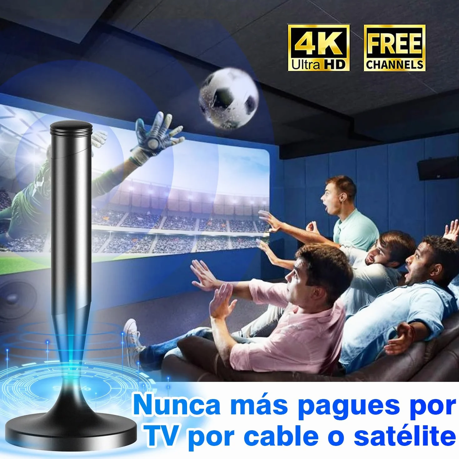 Antena TV Interior Potente para Smart TV TDT HD 4K/1080P Recepción 360° Base Magnética Fuerte Cable Coaxial 5 m Compatible DVB-T2/DVB-T