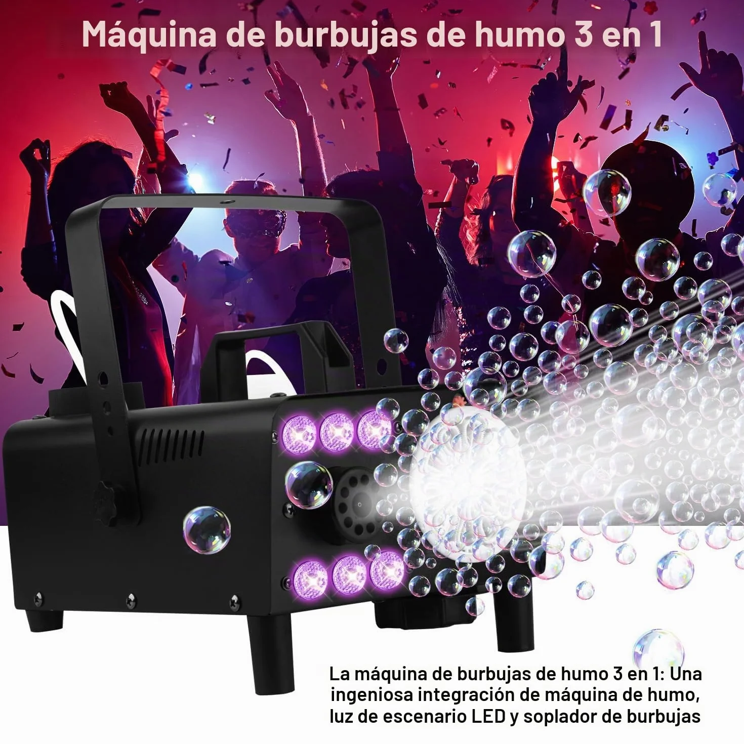 Máquina de burbujas de humo 3 en 1 con luces LED y mando a distancia inalámbrico, soplador de burbujas, iluminación RGB para fiestas, bodas, Halloween, Navidad