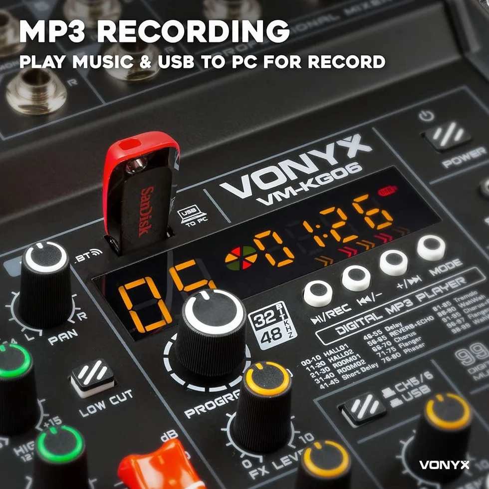 Vonyx VM-KG06 Mezclador analógico de audio de 6 canales con Bluetooth para grupos de música, 2 entradas XLR de micrófono con +48v, 2 entradas de linea con jack, Procesados de efectos DSP, USB/MP3