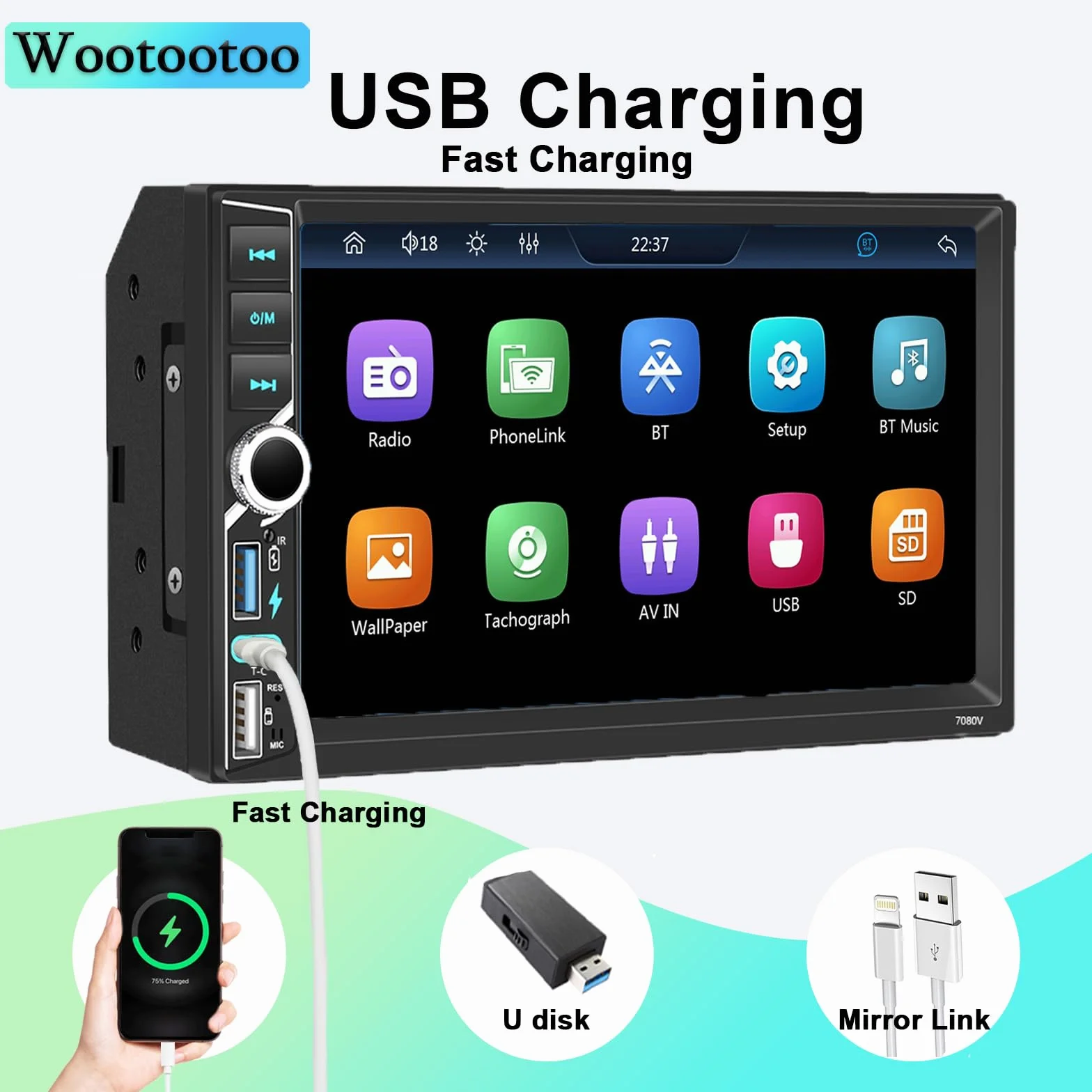 Radio estéreo para Coche 2 DIN con Bluetooth, CarPlay inalámbrico y Android Auto, Pantalla táctil HD de 7 Pulgadas, Radio FM RDS, Tipo C, Carga rápida, micrófono y cámara de visión Trasera