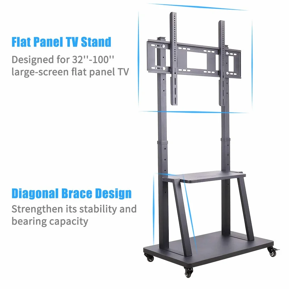 UNHO Soporte TV con Ruedas para 32-100 Pulgadas, Soporte TV Suelo Pie para Pantalla LED LCD Carrito TV Grande Comercial Móvil con 2 Estantes de Altura Ajustable Carga Máx 80kg VESA 800x600 (L)
