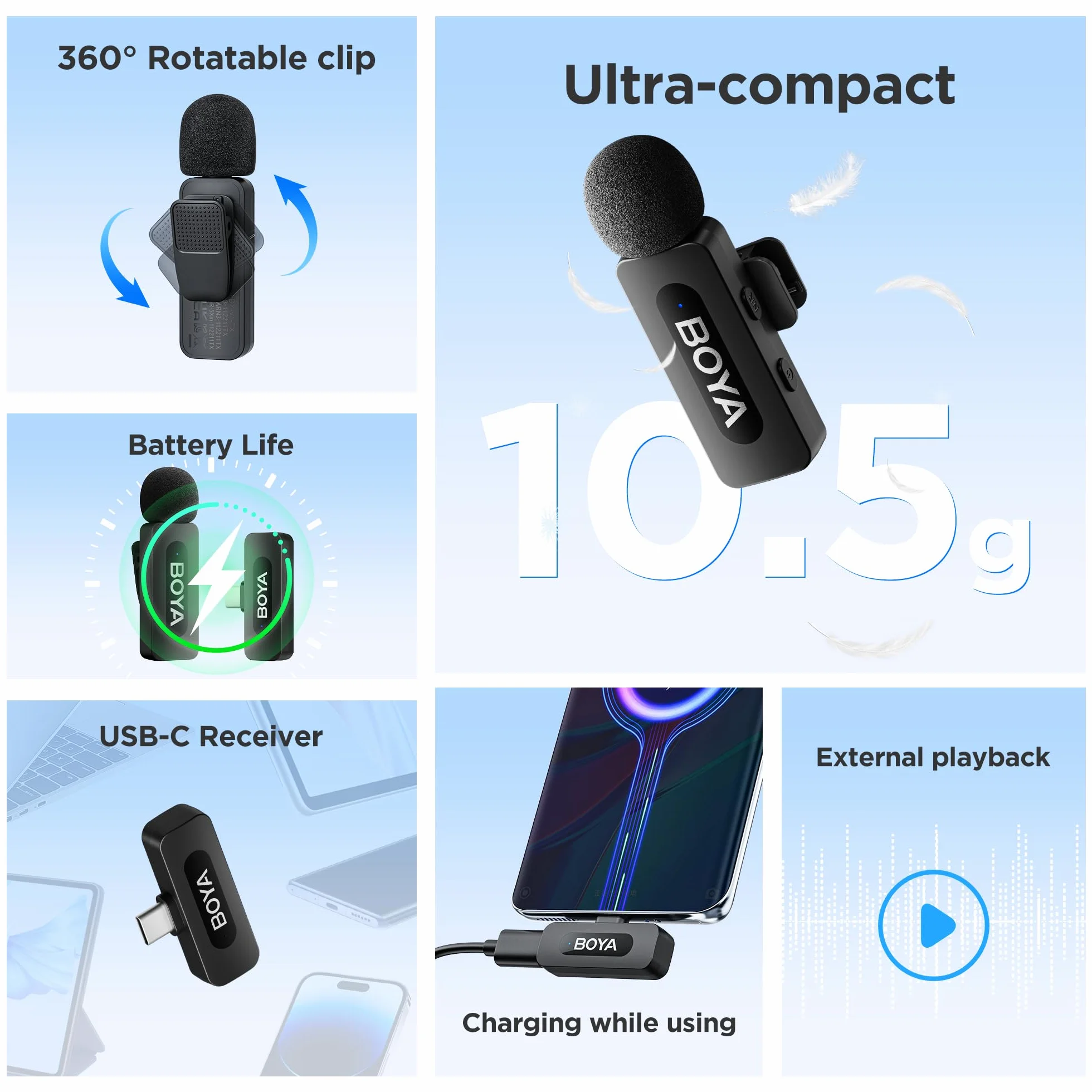 BOYA micrófono de Solapa inalámbrico de Solapa para Android Smartphone Laptop - Omnidireccional USB C Condensador de grabación de vídeo Mic para entrevista Podcast Vlog Youtube Live Stream