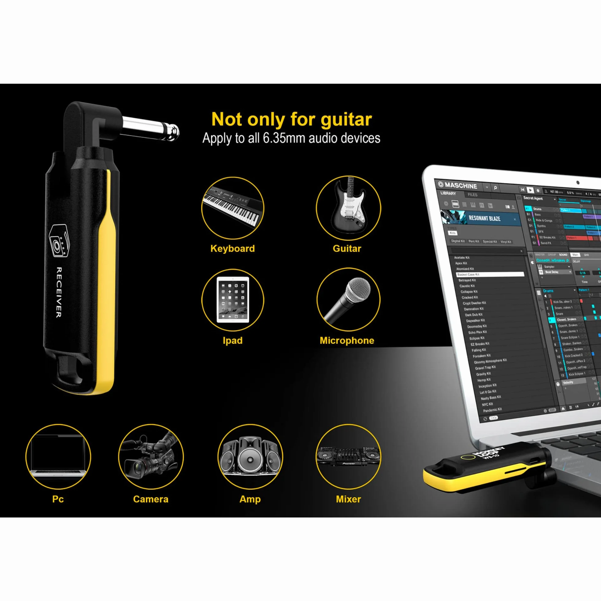 MONKEY LOOP WS-10 - Sistema Inalámbrico para Guitarra o Bajo con Batería Incorporada - Receptor y Transmisor de Audio Recargable - Transmisión hasta 50 Metros con 6 Horas de Autonomía