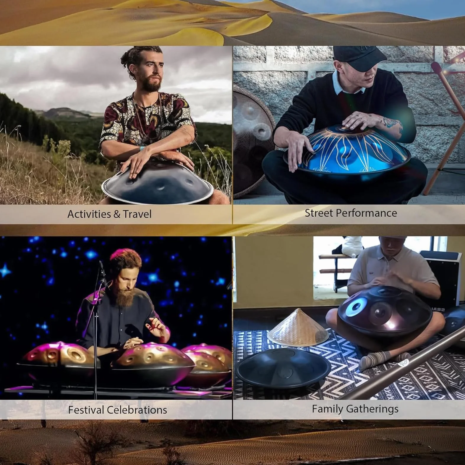 Instrumento de tambor Handpan, tambor de acero de 22 pulgadas en re menor, 9 notas 440 Hz percusión instrumentos musicales juego de batería de mano, hecho a mano,con soporte de mazo de bolsa -oro