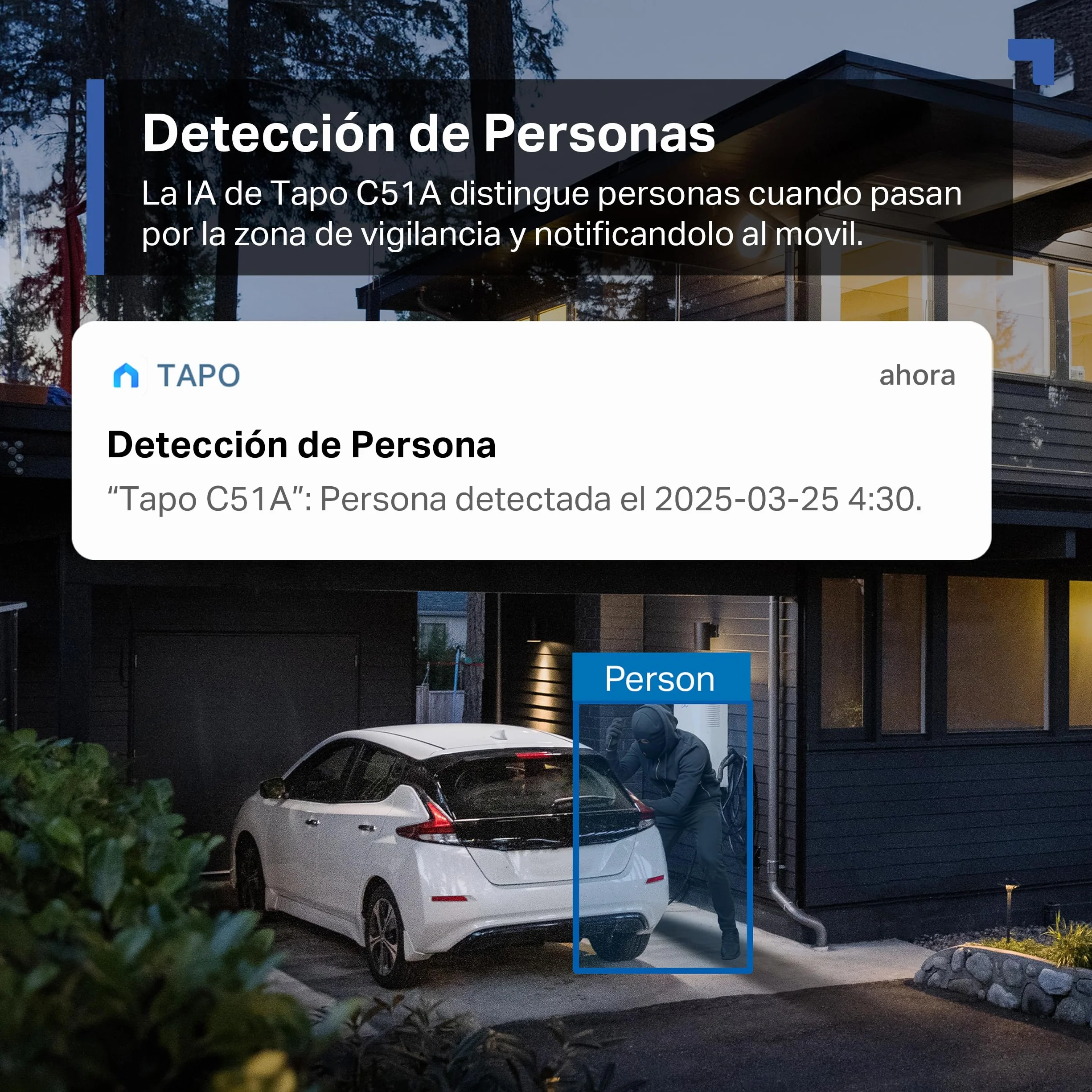 Tapo C51A Cámara de vigilancia Wi-Fi Exteriores 360° Visión Nocturna Color 2K 3MP Detección Personas IA Seguimiento Movimiento IP65