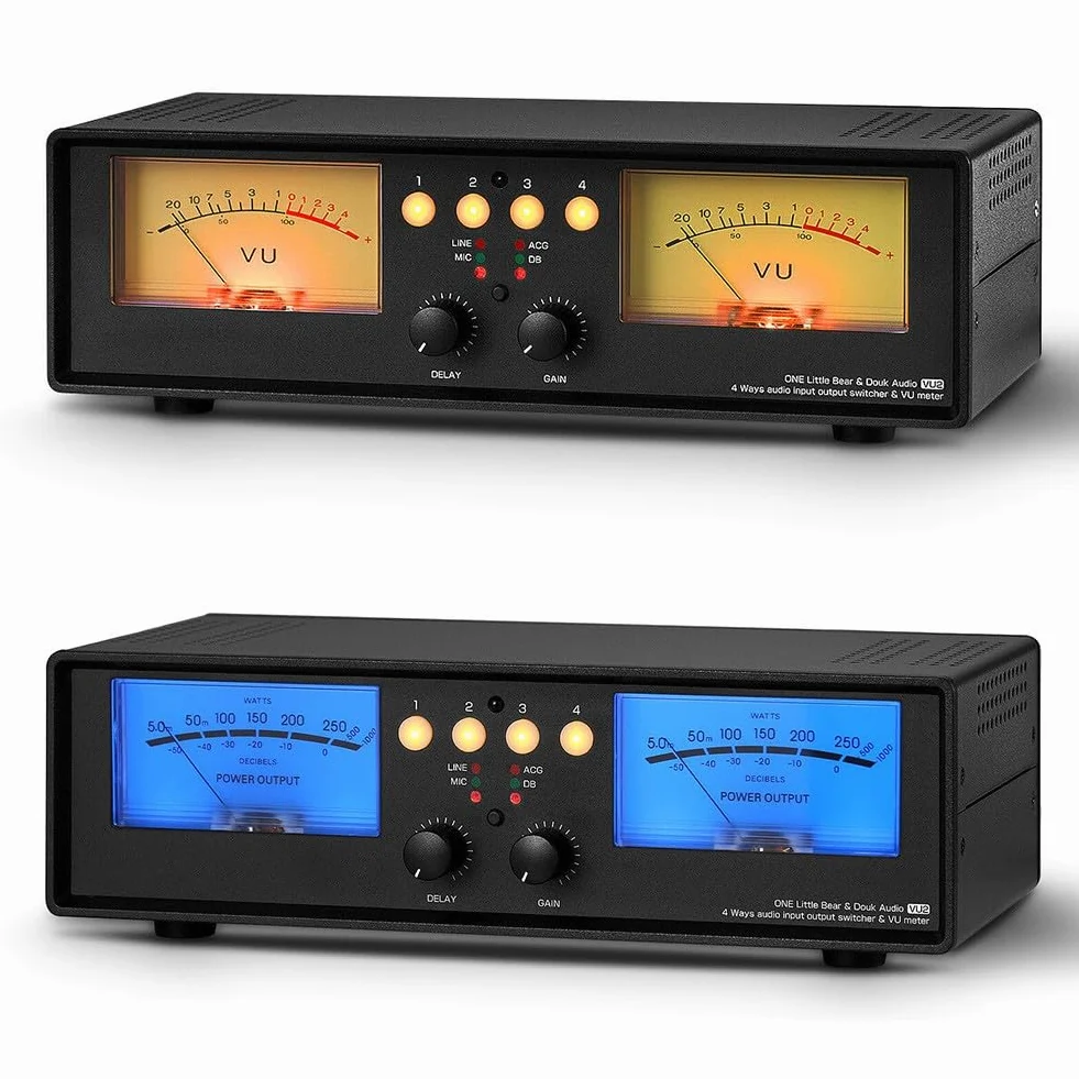 Analógico para medidor dual VU con micrófono de entrada y divisor de audio estéreo, caja de conmutación para oficina en casa, estudio, retroiluminación amarilla/azul