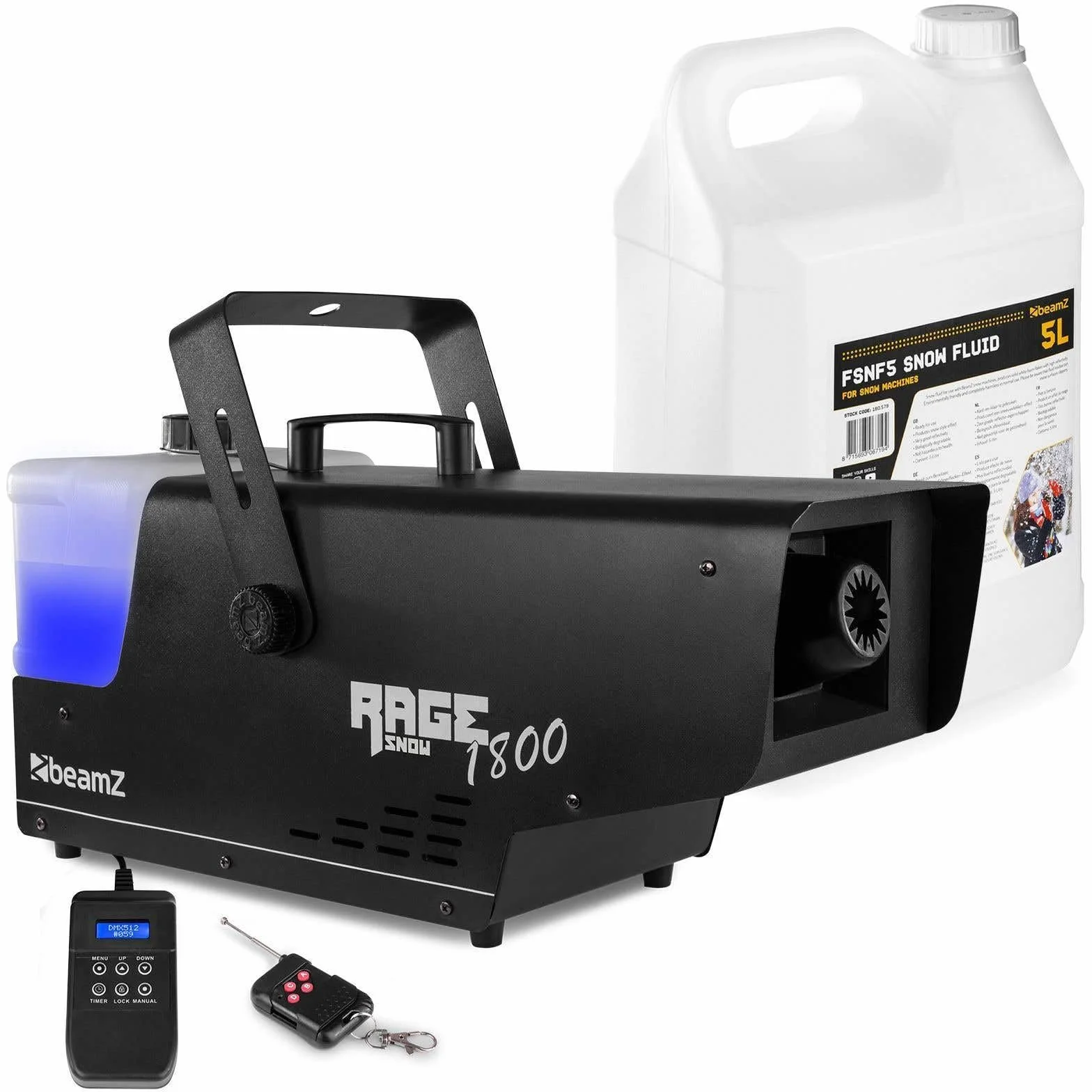 BeamZ RAGE1800SNOW Máquina de Nieve 1800W - Incluye 5L de Líquido, Mando Inalámbrico y con Cable, Tanque Grande, Efecto Invernal Profesional para Eventos, Escenarios y Decoración Navideña