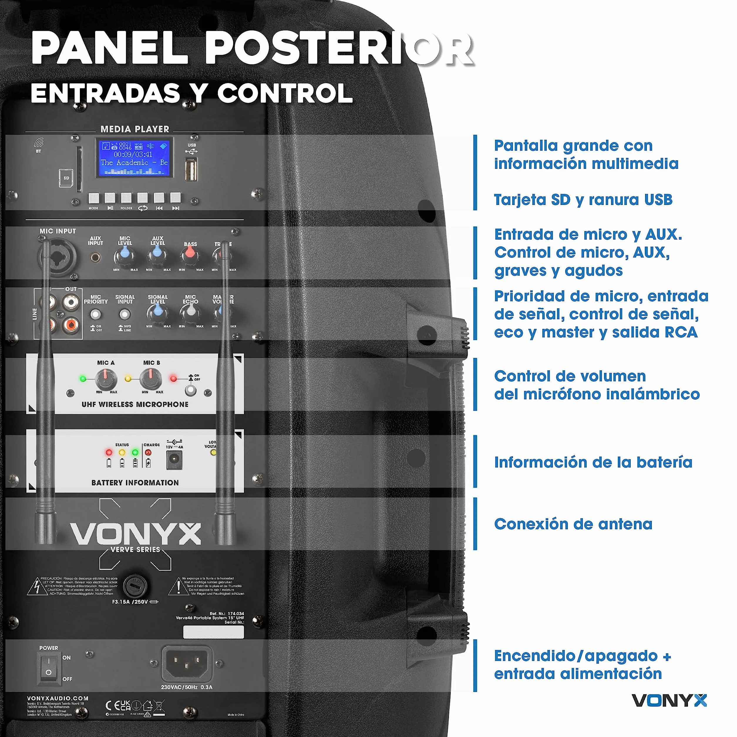 Vonyx Verve46 Altavoz Bluetooth Potente 1000w, Altavoz autoamplificado portatil con microfono Karaoke, Bluetooth Speaker USB, SD, MP3, AUX, 2 microfonos UHF, Mando a Distancia, Subwoofer 15", Negro